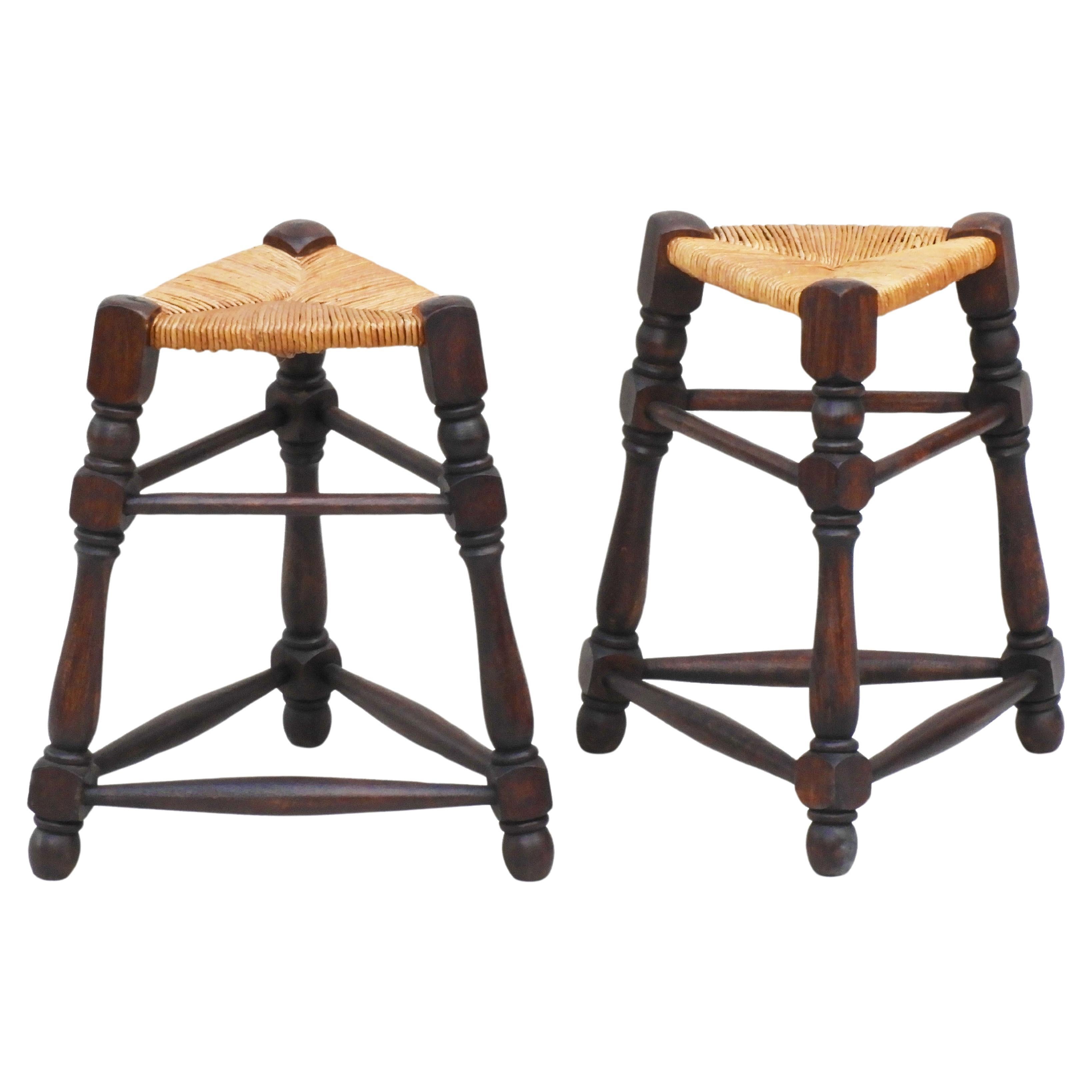Pair of Provincial French Triangular Rush Seat Tabouret Stools c1950s France
