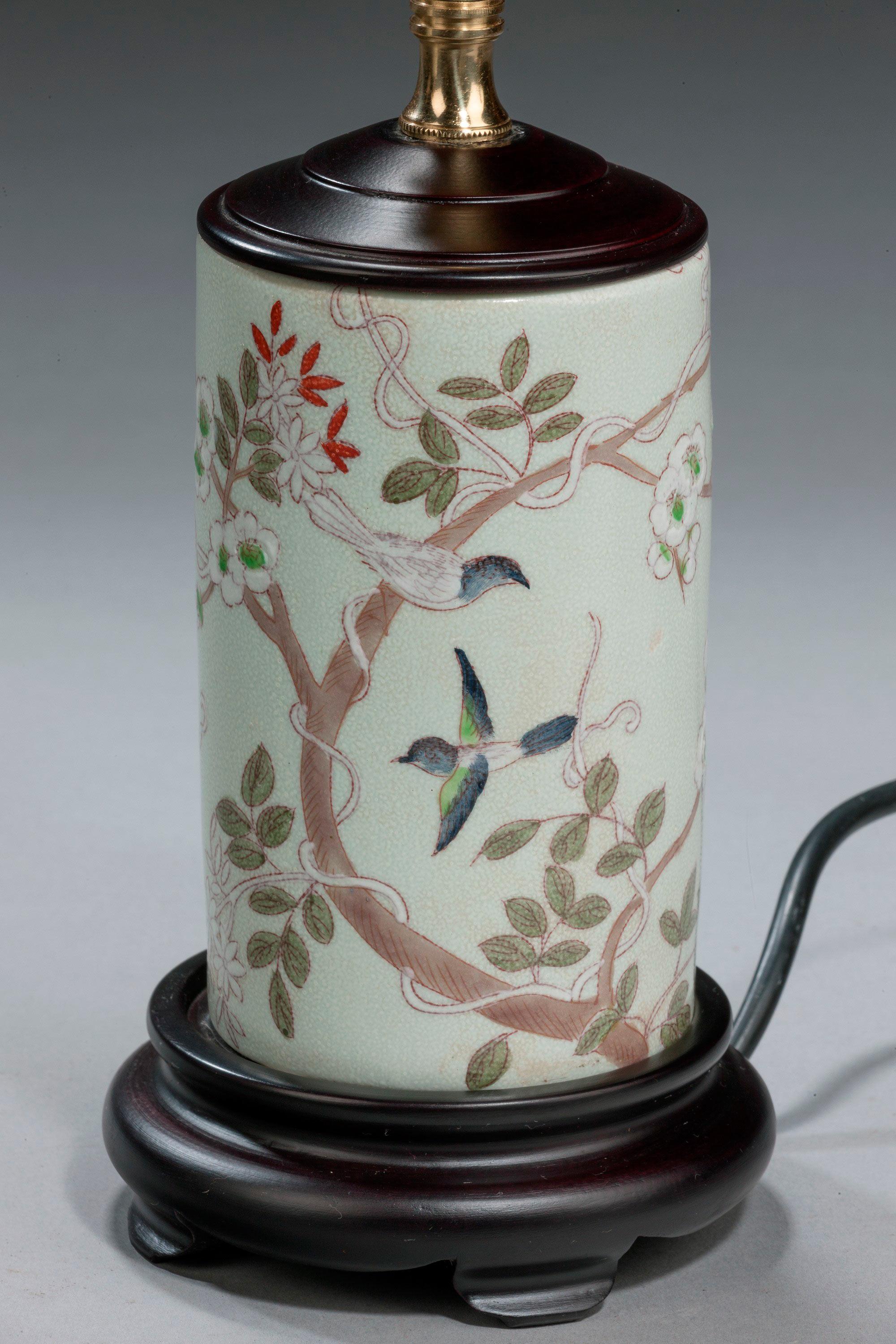 Pair of small cylinder-shape lamps with prunus blossom decoration. Modern.