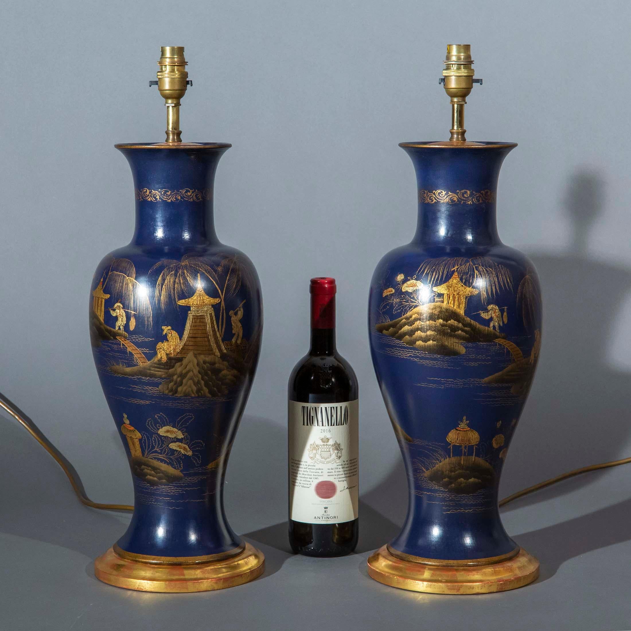 Pair of Prussian Blue Chinoiserie Vase Lamps For Sale 6