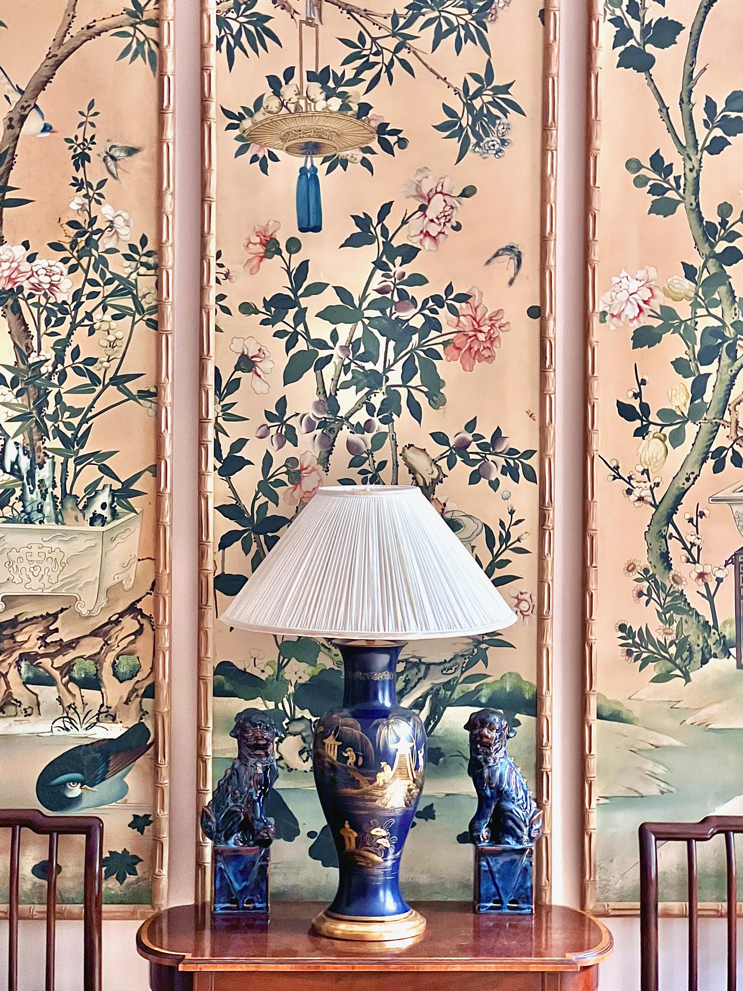 Pair of Prussian Blue Chinoiserie Vase Lamps For Sale 2