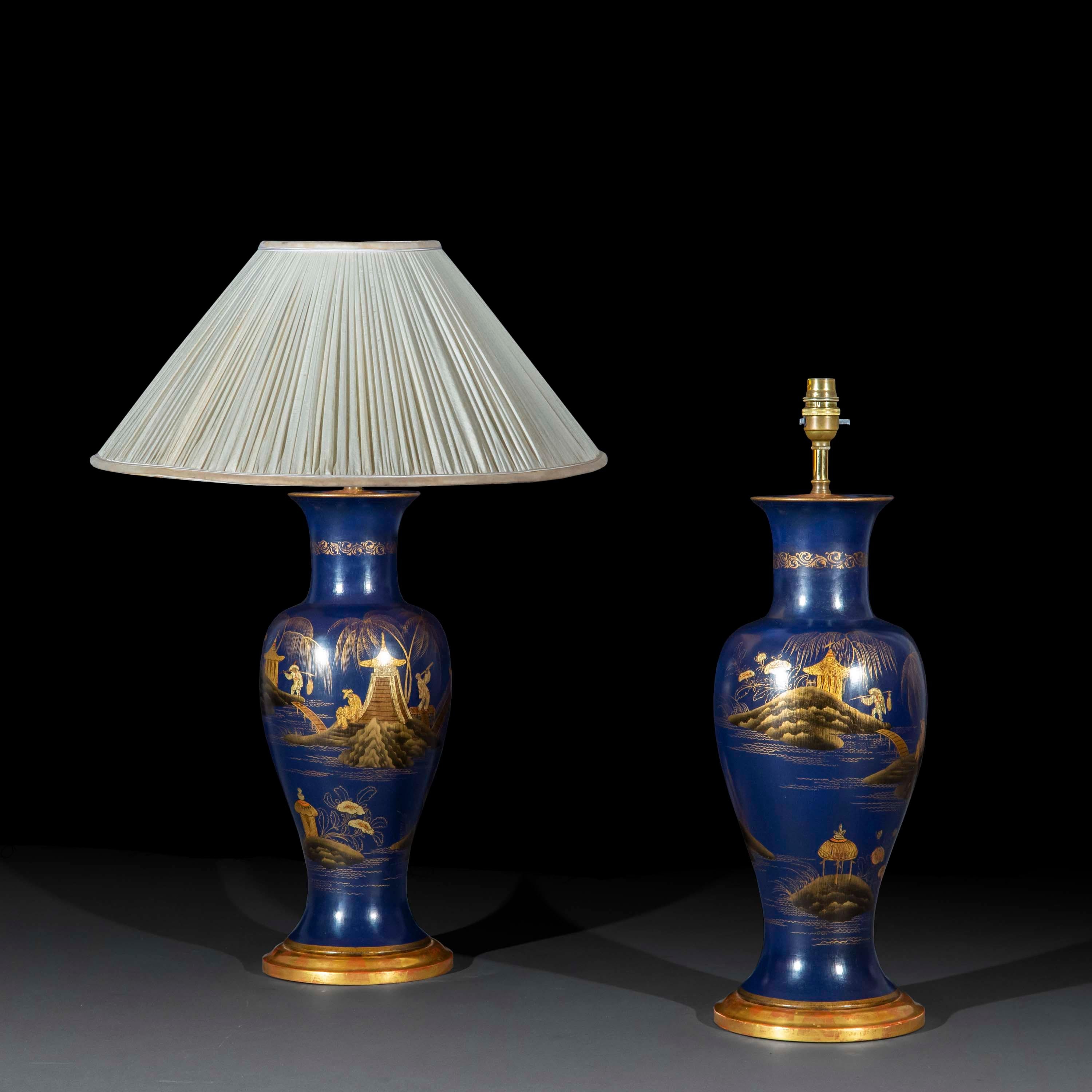 Hand-Crafted Pair of Prussian Blue Chinoiserie Vase Lamps For Sale