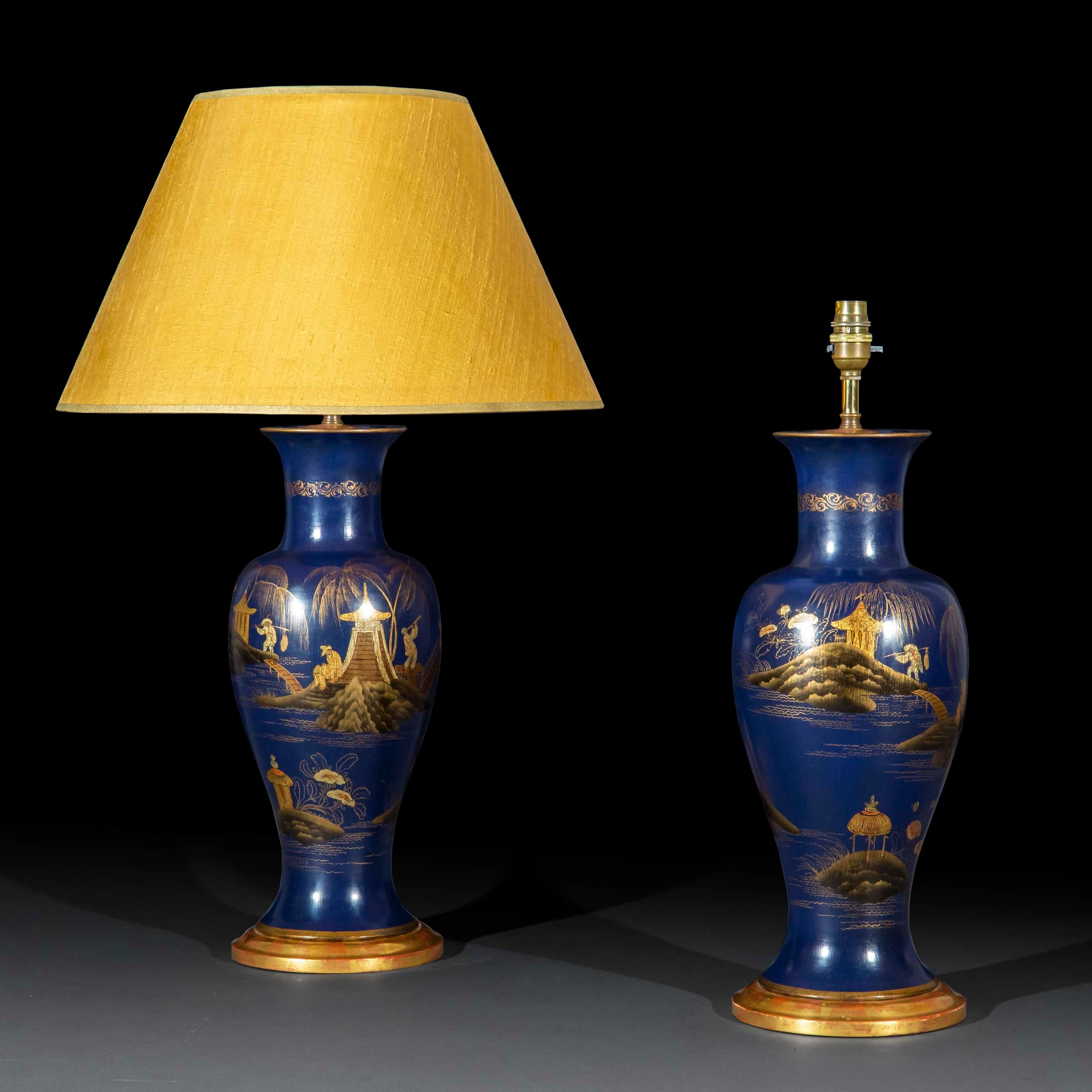 20th Century Pair of Prussian Blue Chinoiserie Vase Lamps For Sale
