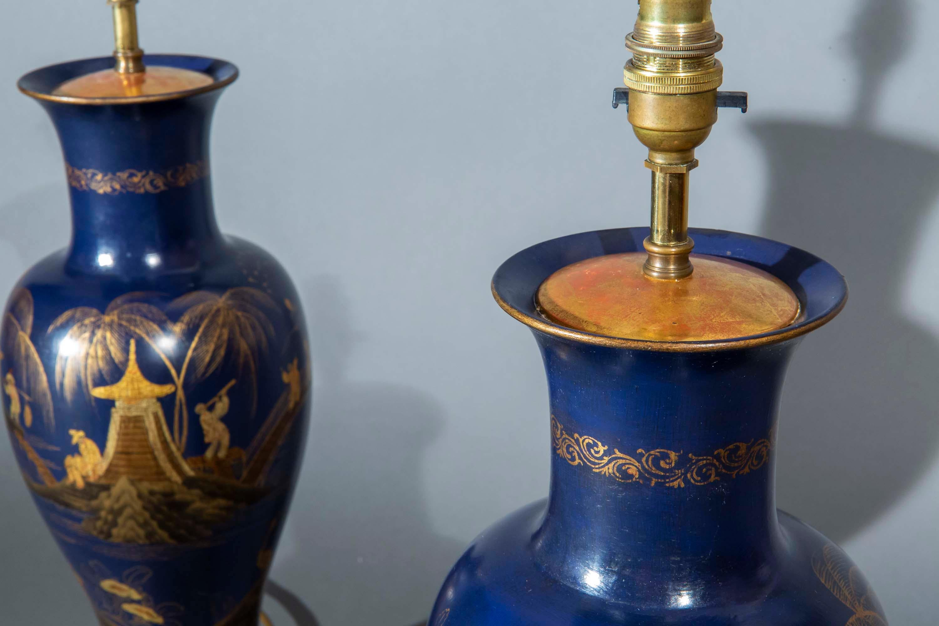 Ceramic Pair of Prussian Blue Chinoiserie Vase Lamps For Sale