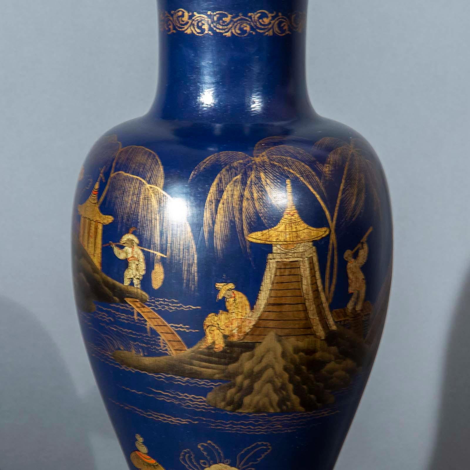 Pair of Prussian Blue Chinoiserie Vase Lamps For Sale 1