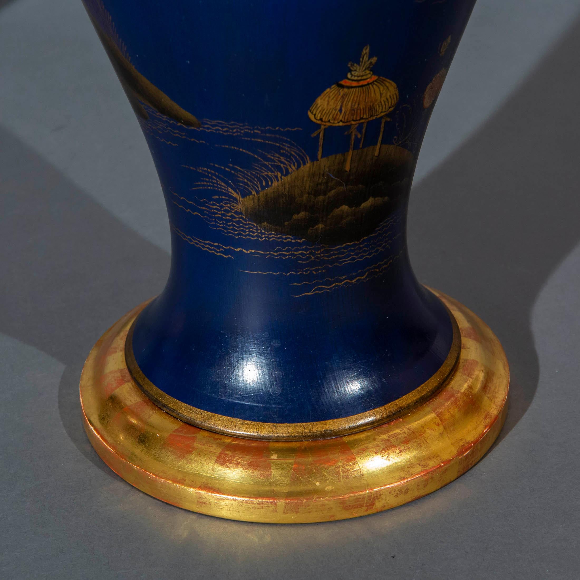 Pair of Prussian Blue Chinoiserie Vase Lamps For Sale 3