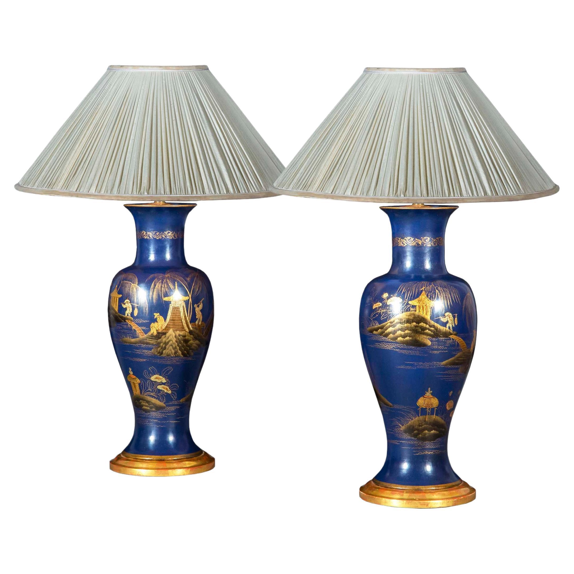 Pair of Prussian Blue Chinoiserie Vase Lamps For Sale