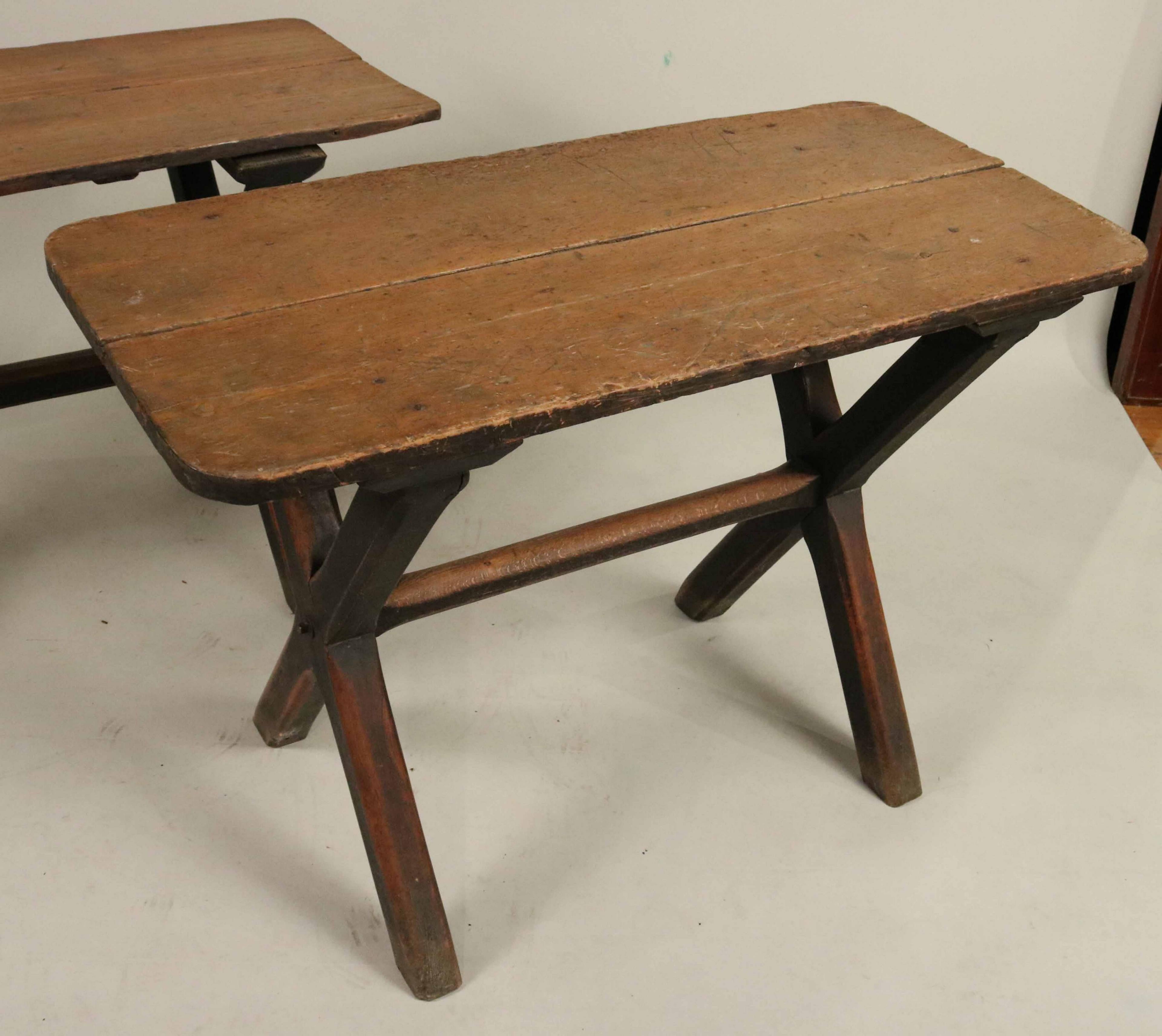 Good quality near pair of early 19th century English pub tables, the scrubbed pine tops over richly patinated 