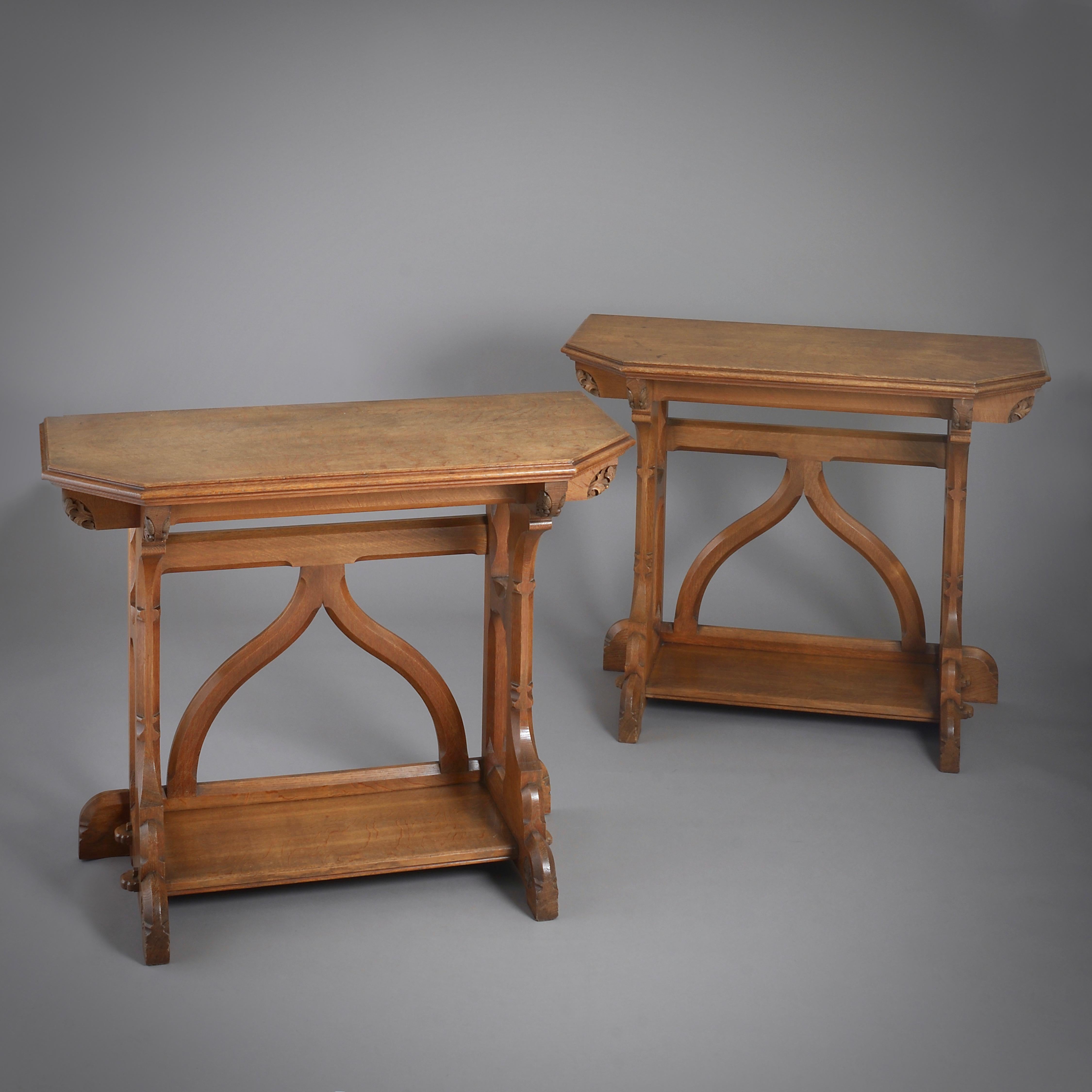 An important pair of early Victorian oak side tables, the design attributed to A.W.N. Pugin and the manufacture to J. G. Crace, circa 1850.

Provenance:
Abney Hall, Cheadle, Cheshire.