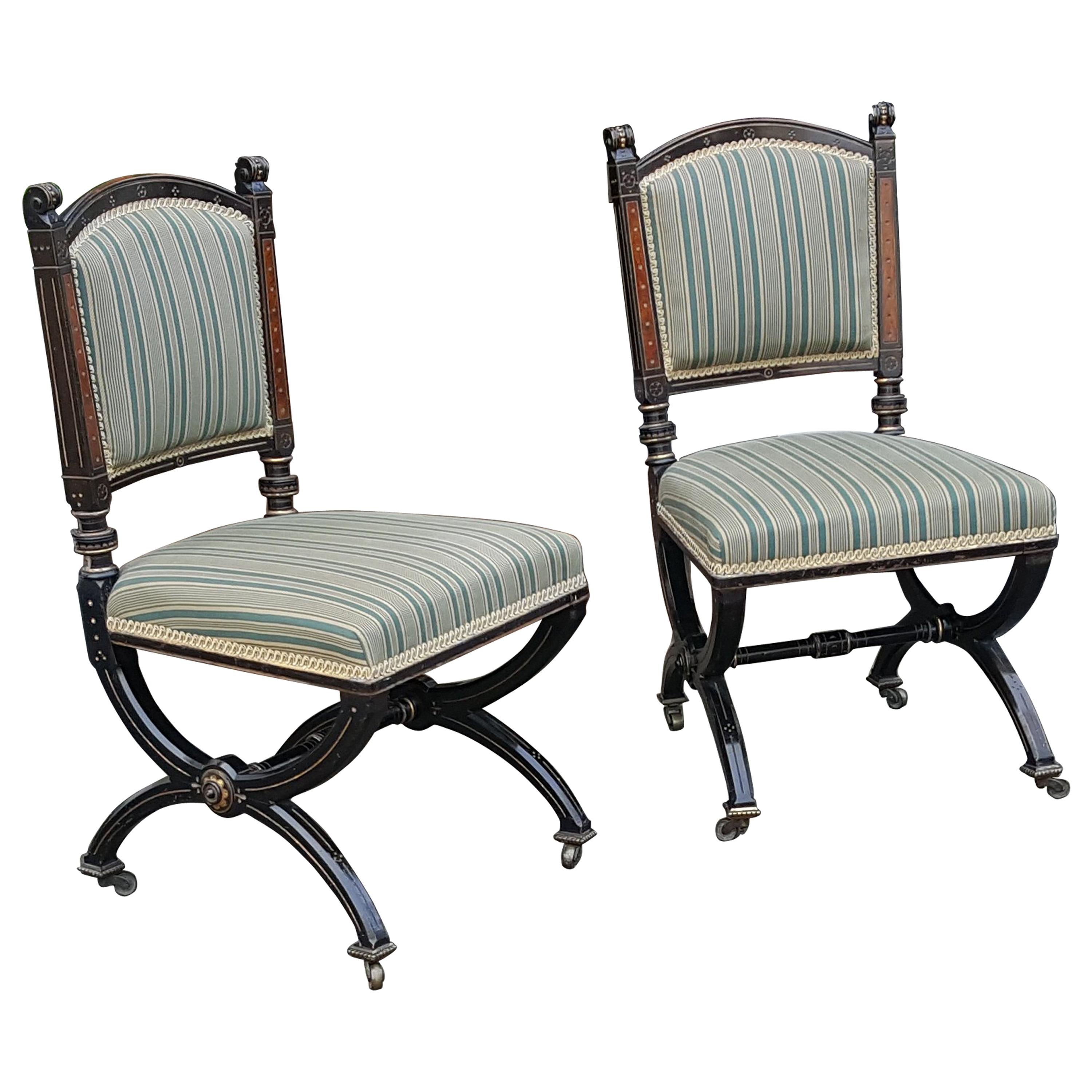 Pair of Pugin Style Gothic Revival Ebonised Chairs For Sale