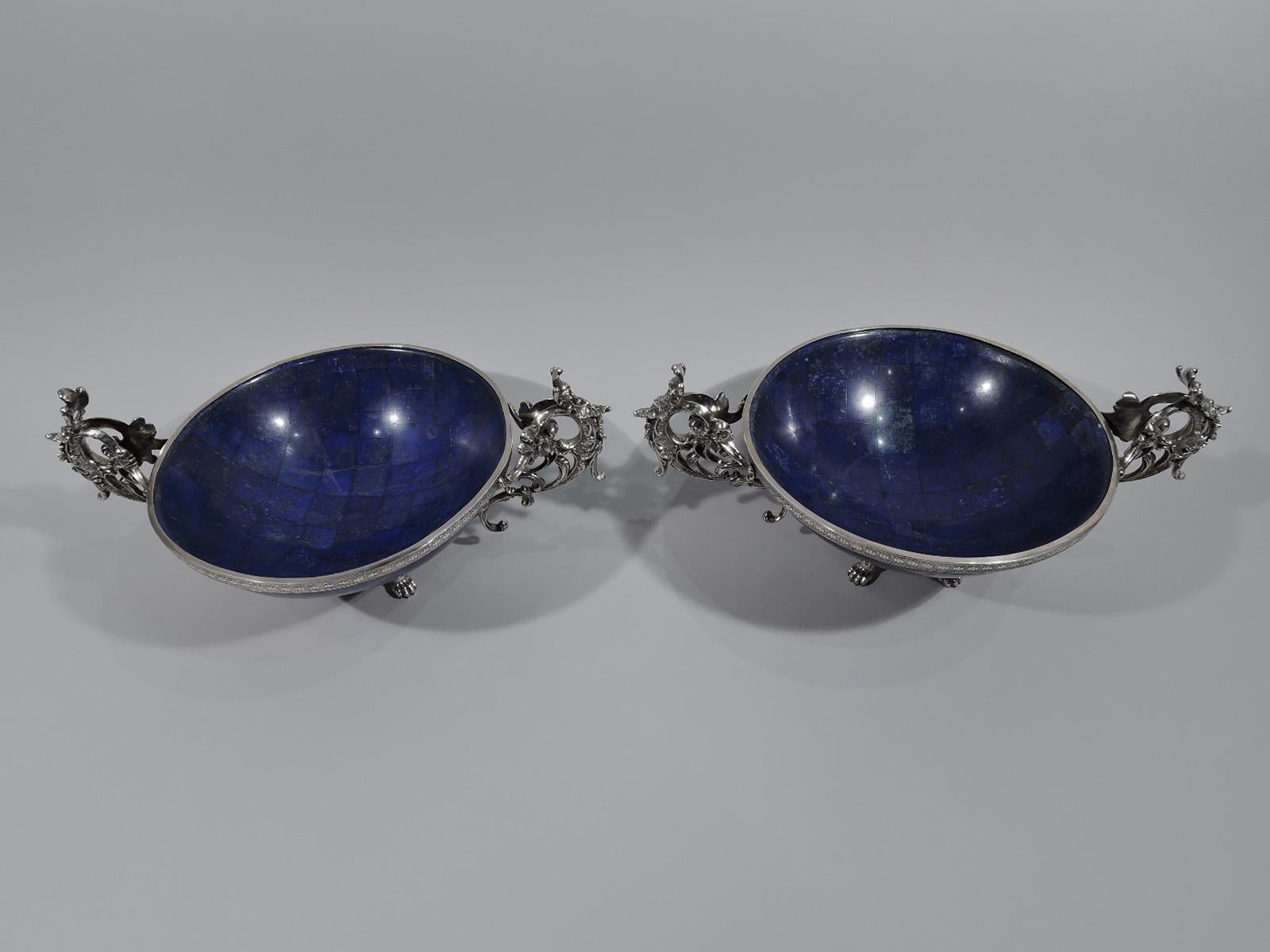 French Pair of Puiforcat Egyptian Revival Silver and Lapis Lazuli Bowls