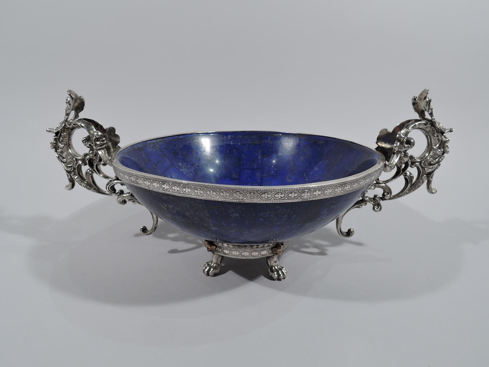 Pair of Puiforcat Egyptian Revival Silver and Lapis Lazuli Bowls In Excellent Condition In New York, NY
