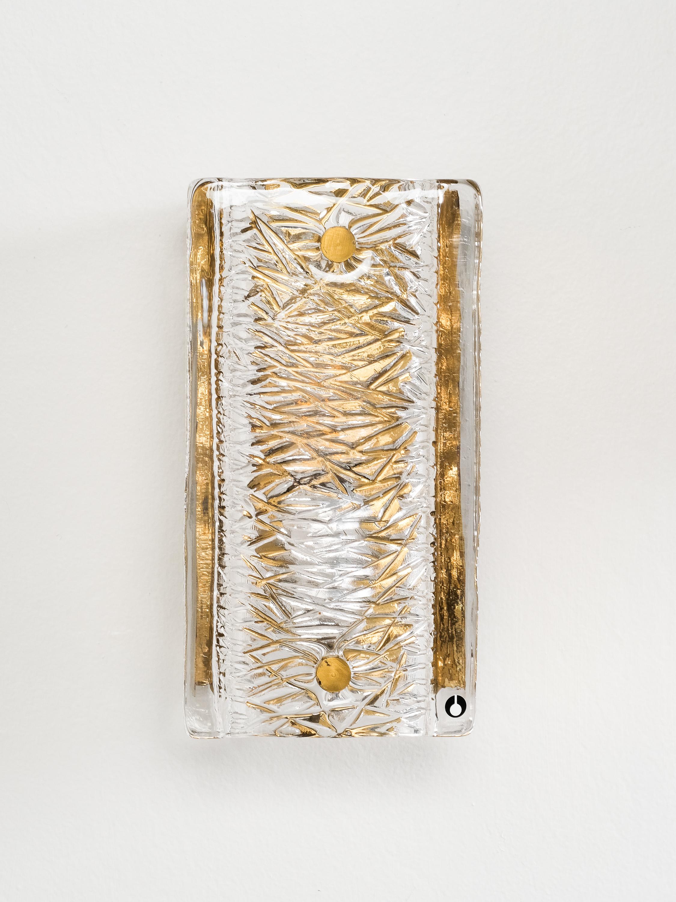 Laiton Pair of Pukeberg Brass and Crystal Glass Wall Sconces, Sweden, 1970s en vente