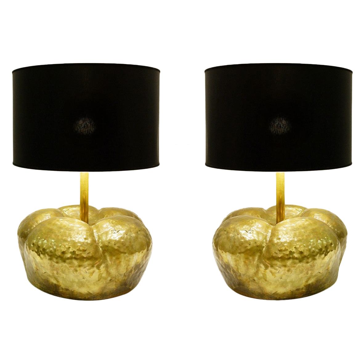 Pair of Pumpkin Table Lamps in Hammered Gilded Metal