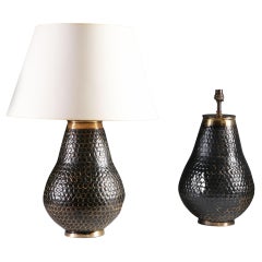 Pair of Punched Metal Lamps with Bronze Rims