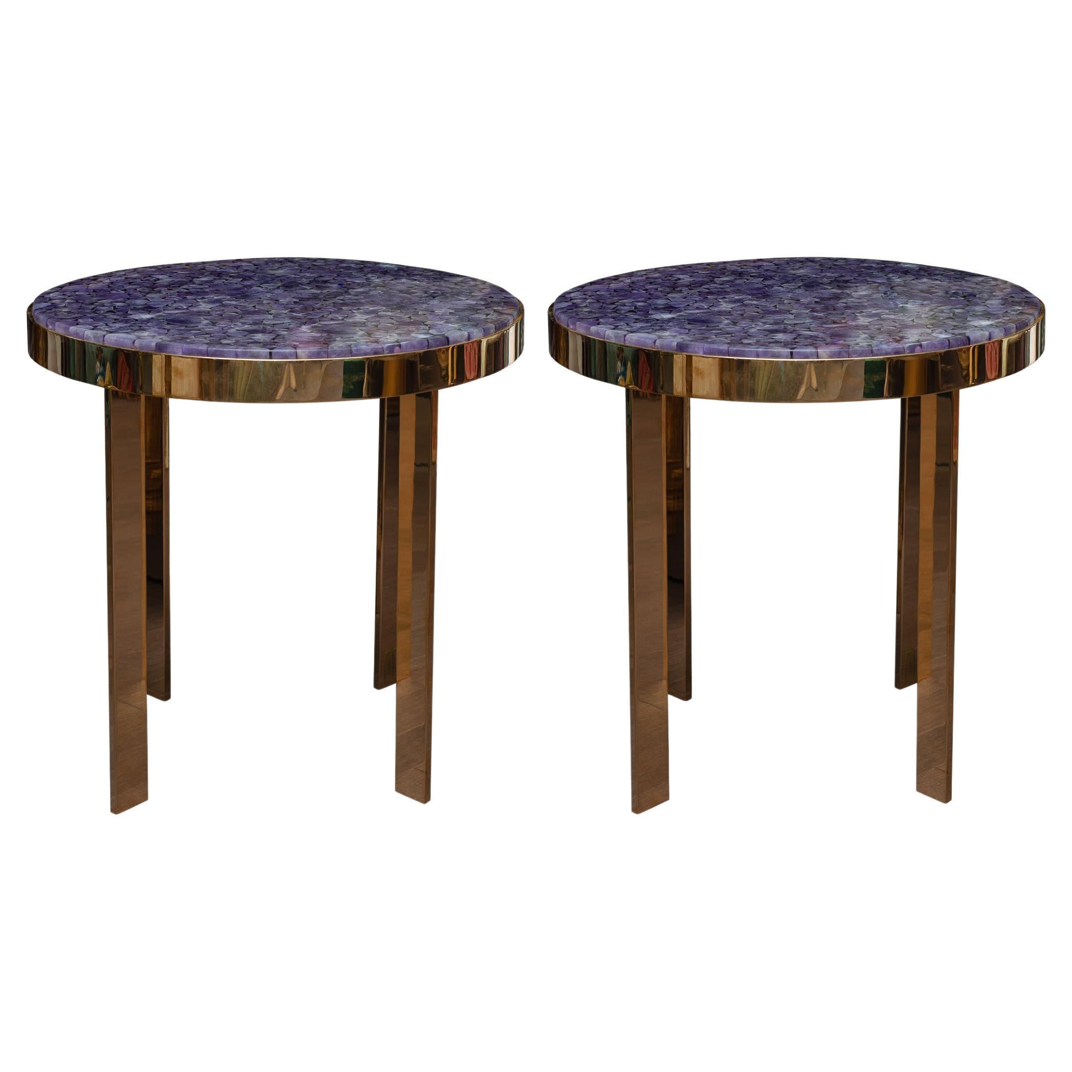 Introducing the latest arrival to our Studio Maison Nurita collection of signed custom metal tables. These magnificent Amethyst stone tops were sourced in Paris. These midcentury inspired tables are hand forged in brass by Studio Maison Nurita’s