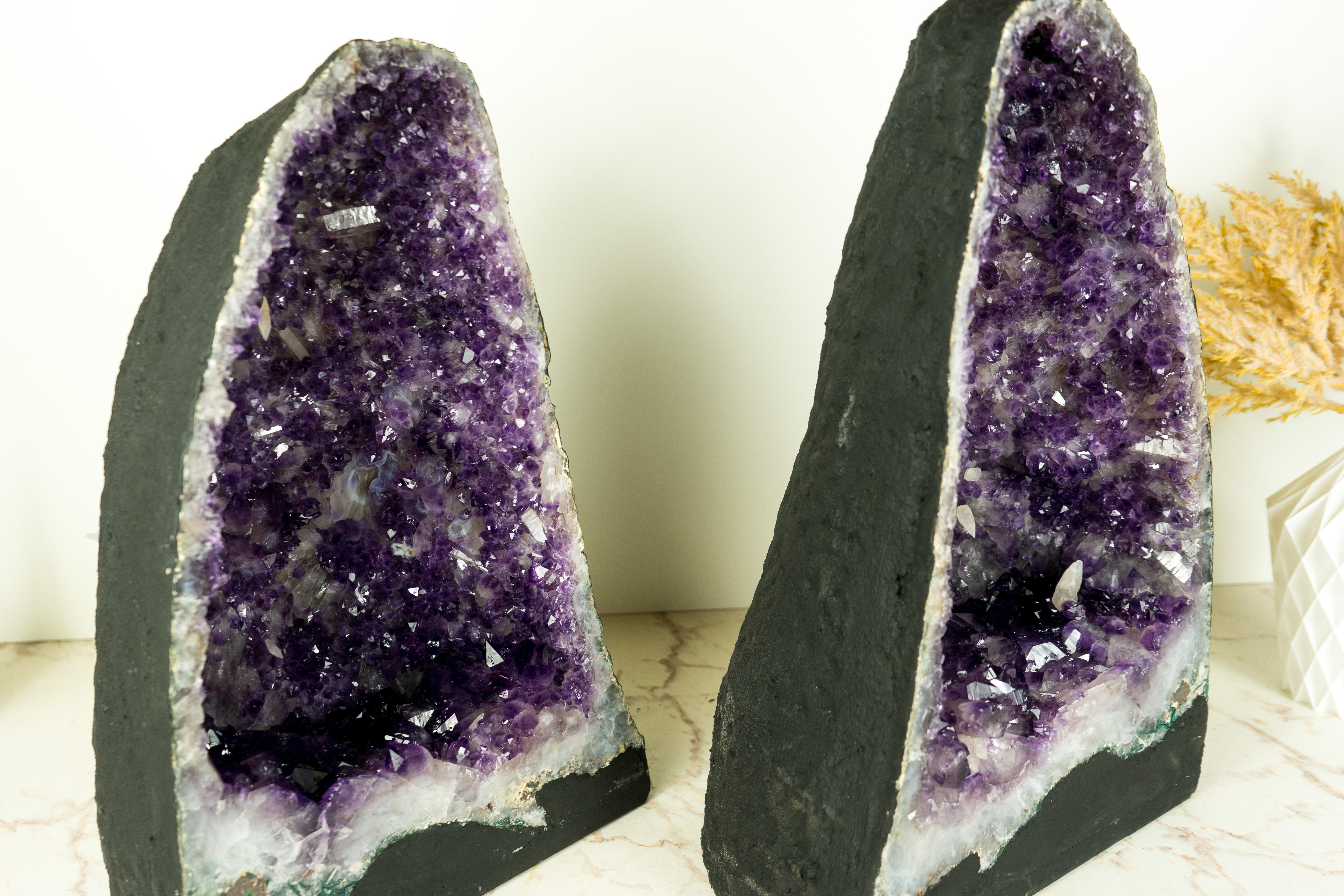 Brazilian Pair of Purple Amethyst Geodes with Rare Flower-Like Druzy Formation and Calcite For Sale