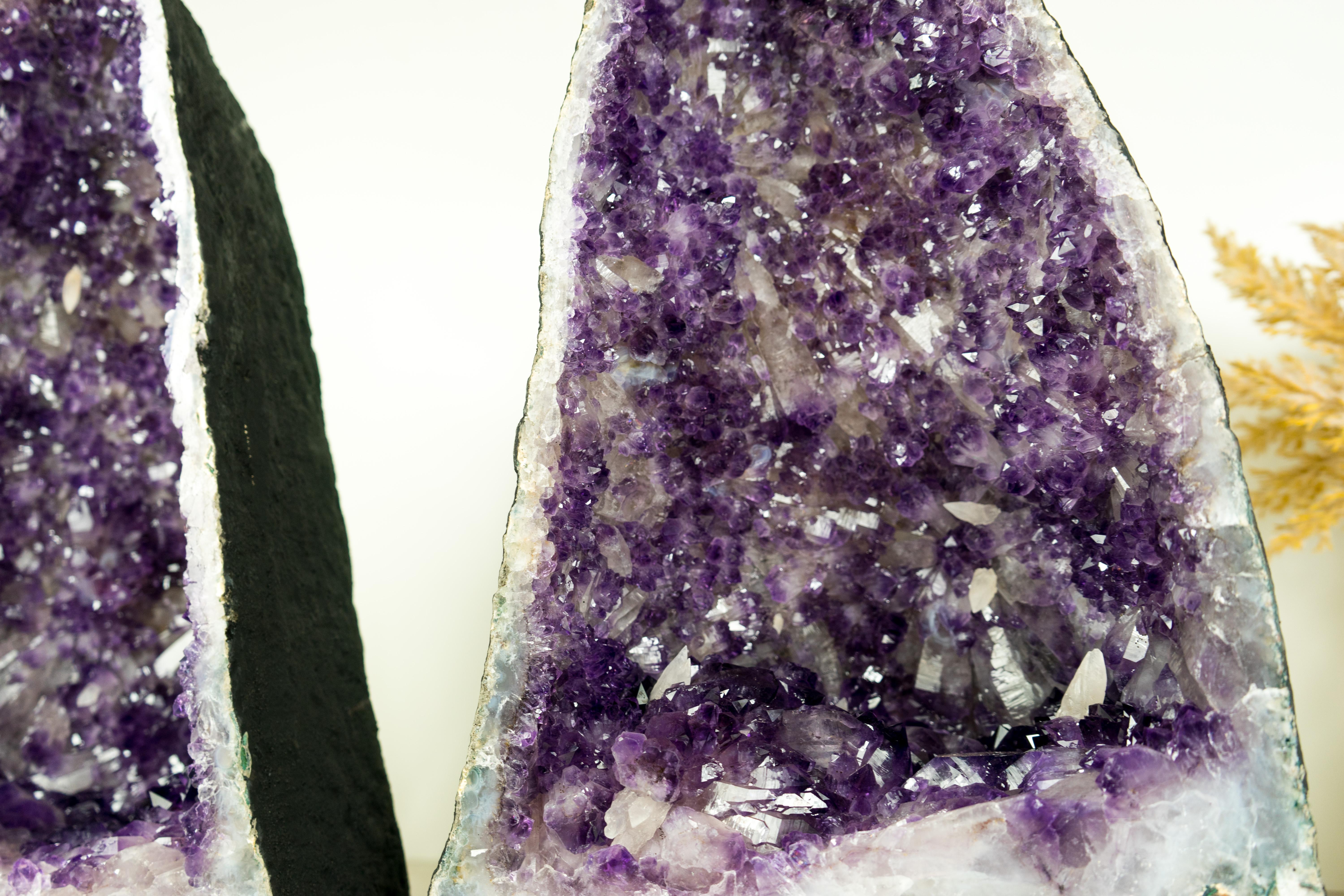 Contemporary Pair of Purple Amethyst Geodes with Rare Flower-Like Druzy Formation and Calcite For Sale