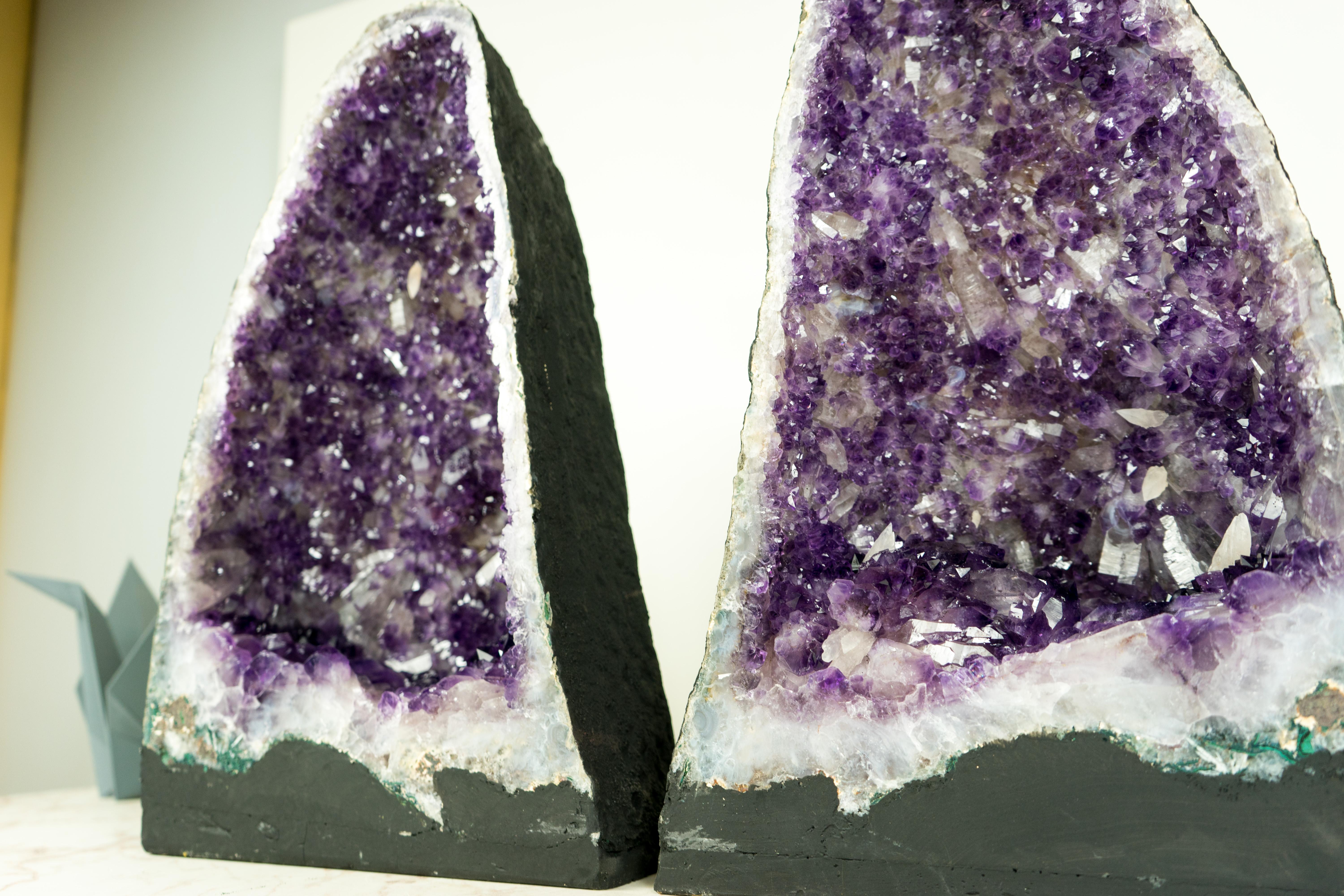 Agate Pair of Purple Amethyst Geodes with Rare Flower-Like Druzy Formation and Calcite For Sale