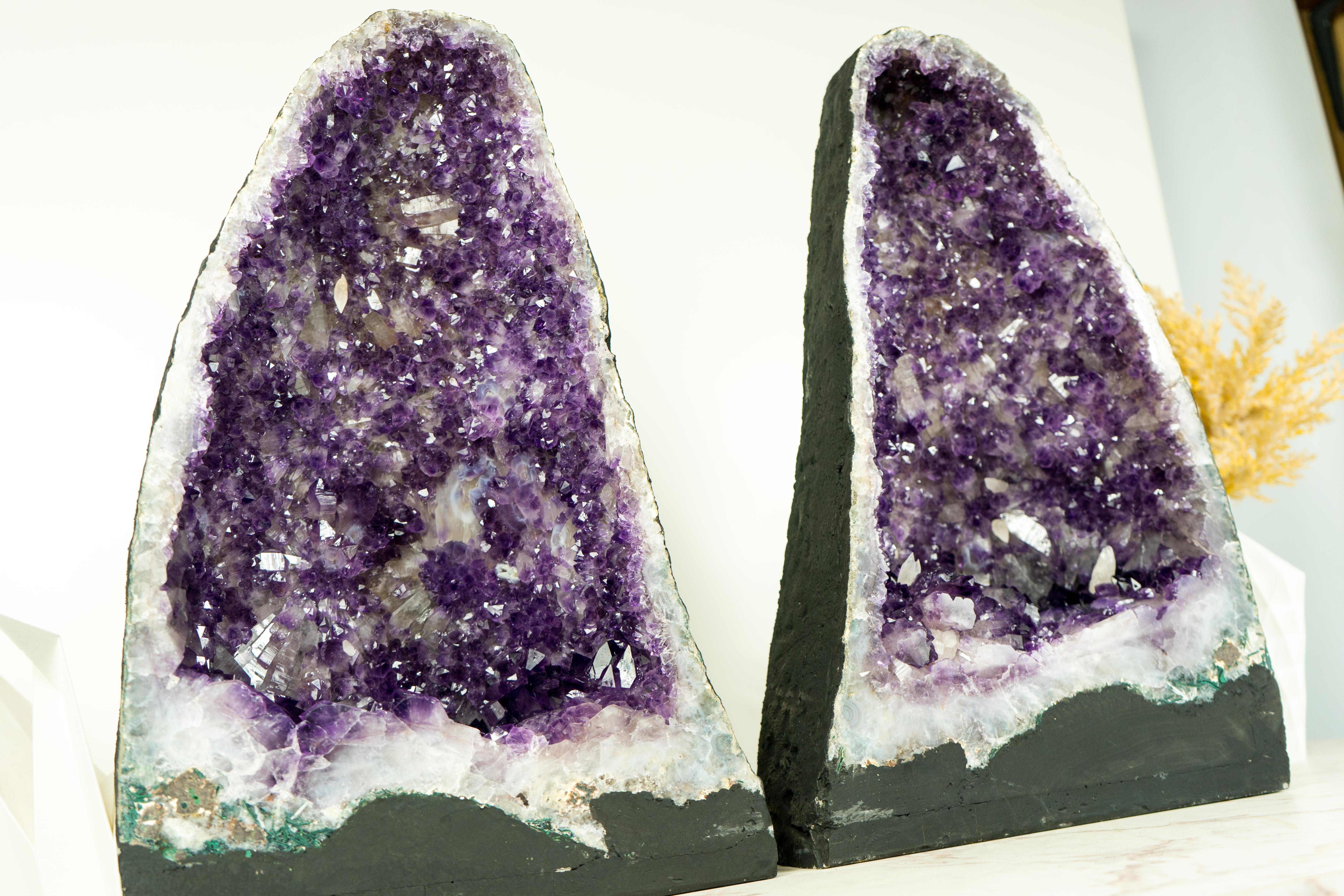 Pair of Purple Amethyst Geodes with Rare Flower-Like Druzy Formation and Calcite For Sale 1