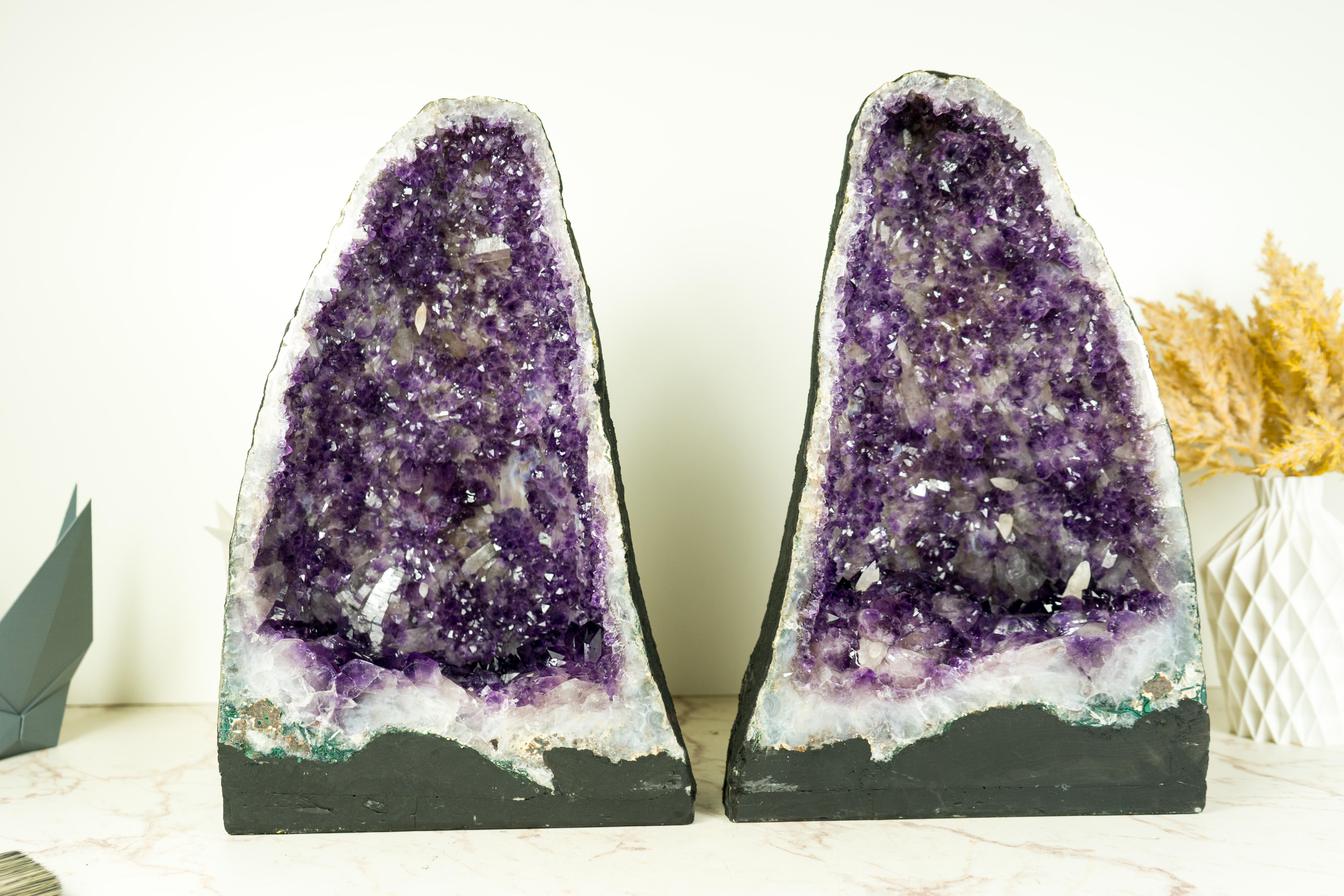 Pair of Purple Amethyst Geodes with Rare Flower-Like Druzy Formation and Calcite For Sale 2