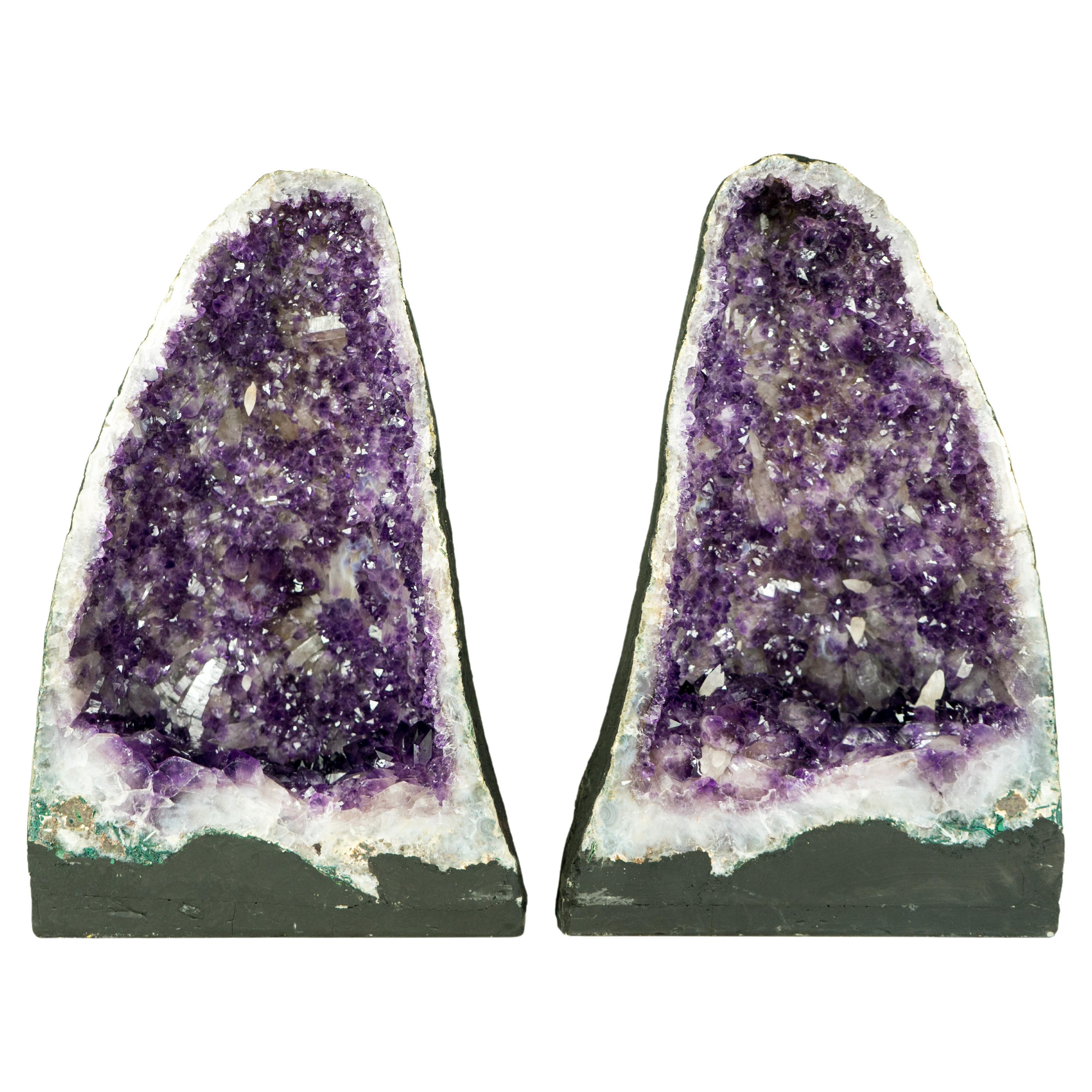 Pair of Purple Amethyst Geodes with Rare Flower-Like Druzy Formation and Calcite For Sale