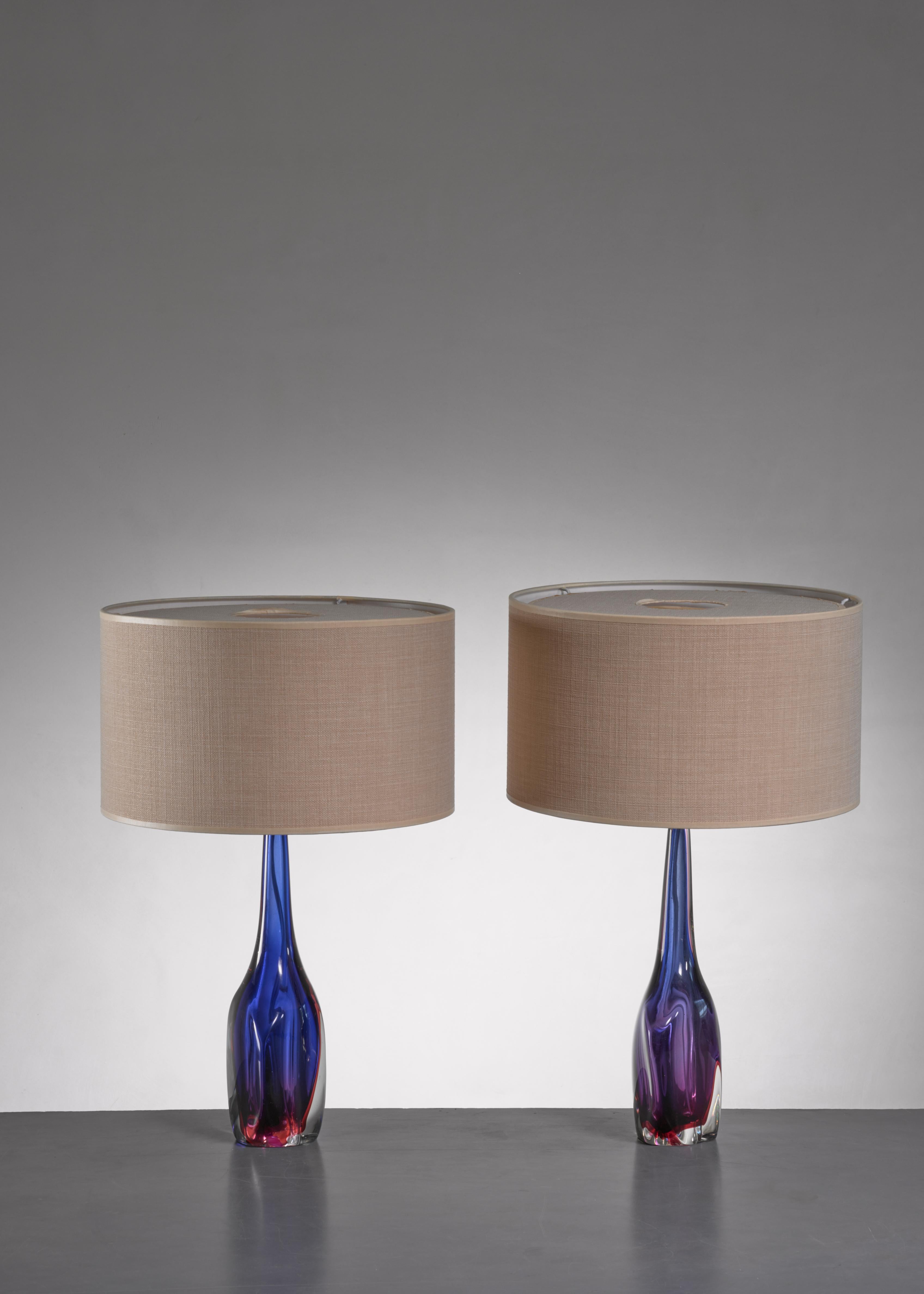 Mid-Century Modern Pair of Purple and Blue Arte Nuova Murano Glass Table Lamps For Sale