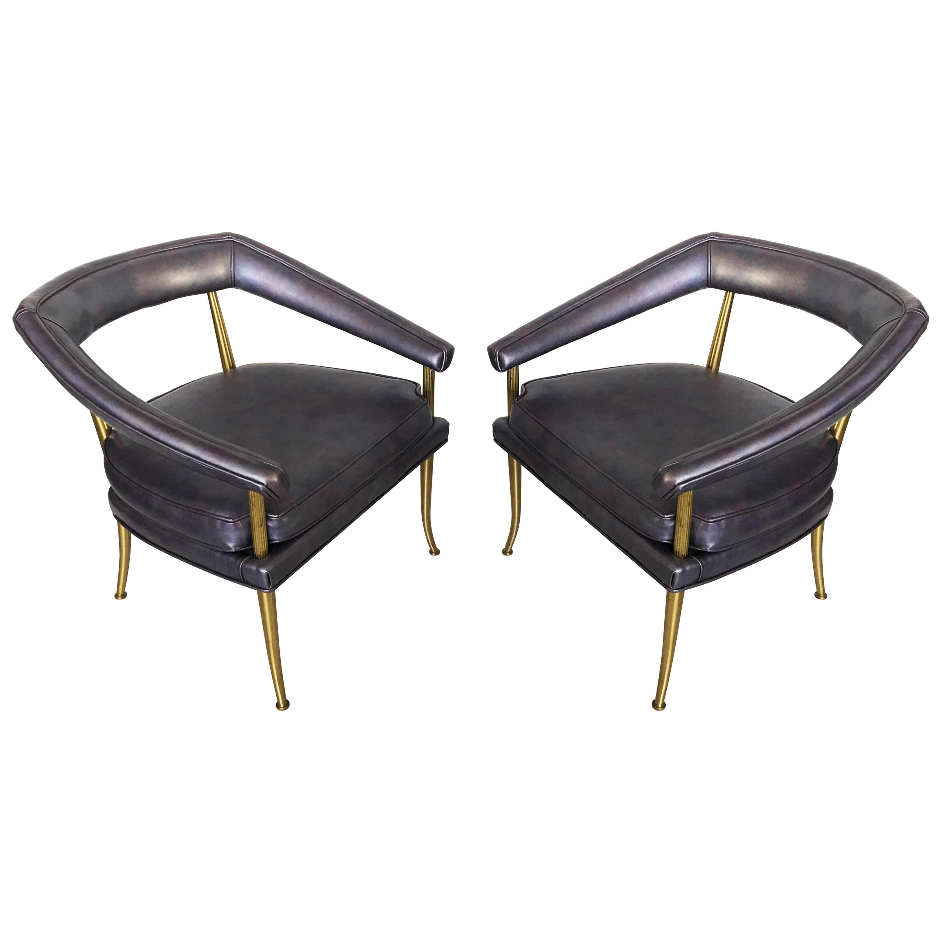 Pair of Purple and Brass Armchairs by William Billy Haines