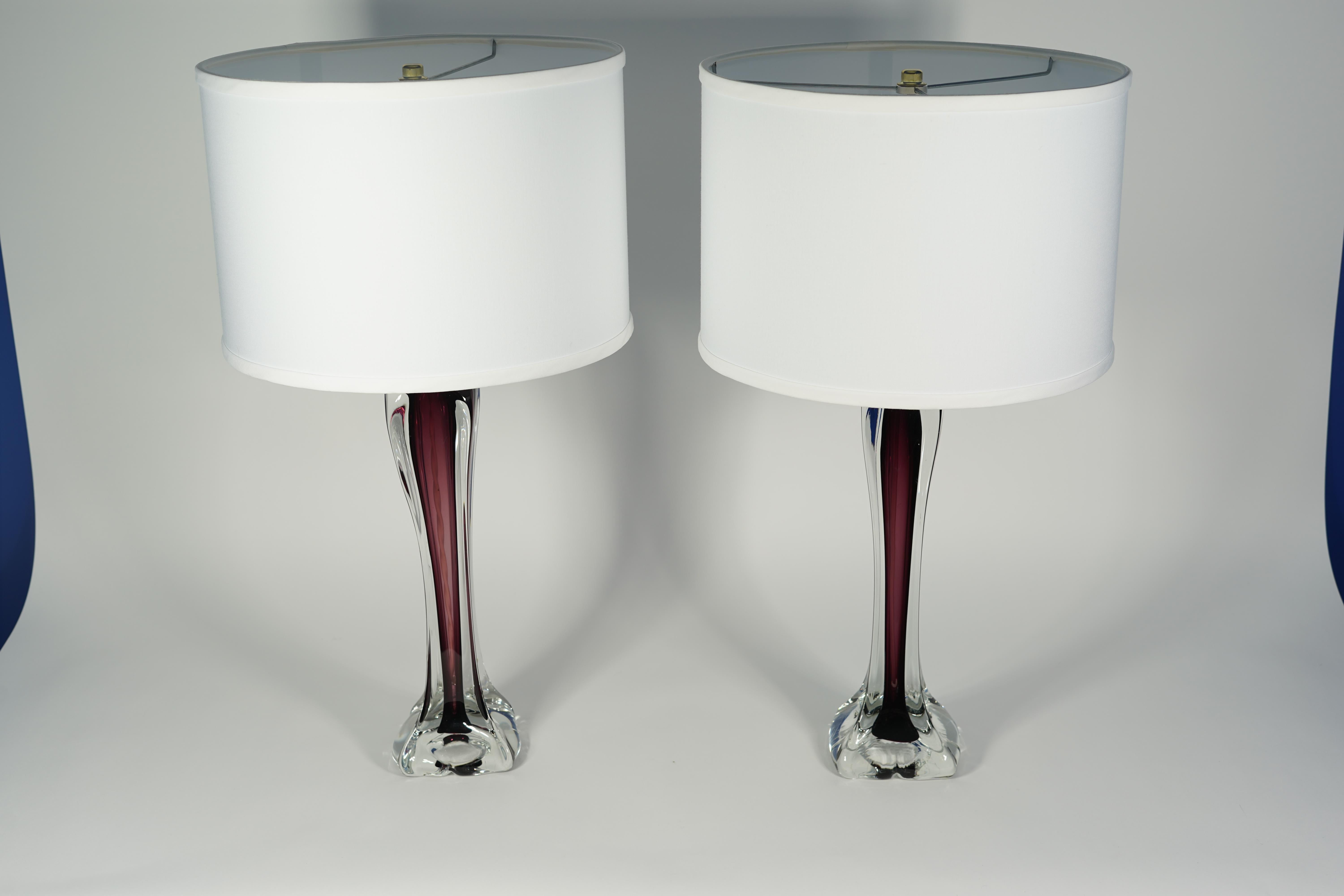 Pair of Purple and Clear Glass Lamps by Flygsfors, Sweden, 1970 For Sale 5