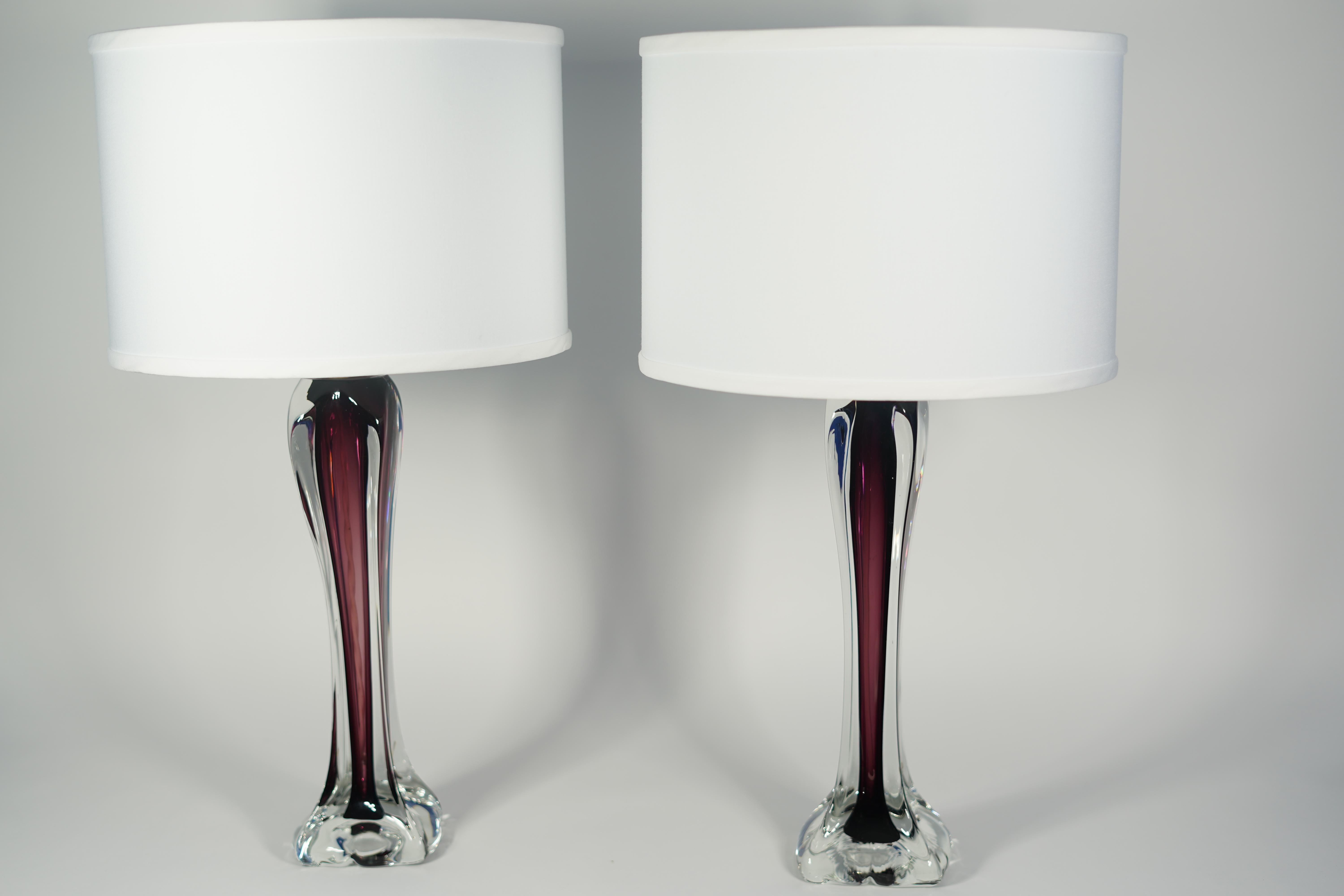 Pair of Purple and Clear Glass Lamps by Flygsfors, Sweden, 1970 For Sale 6