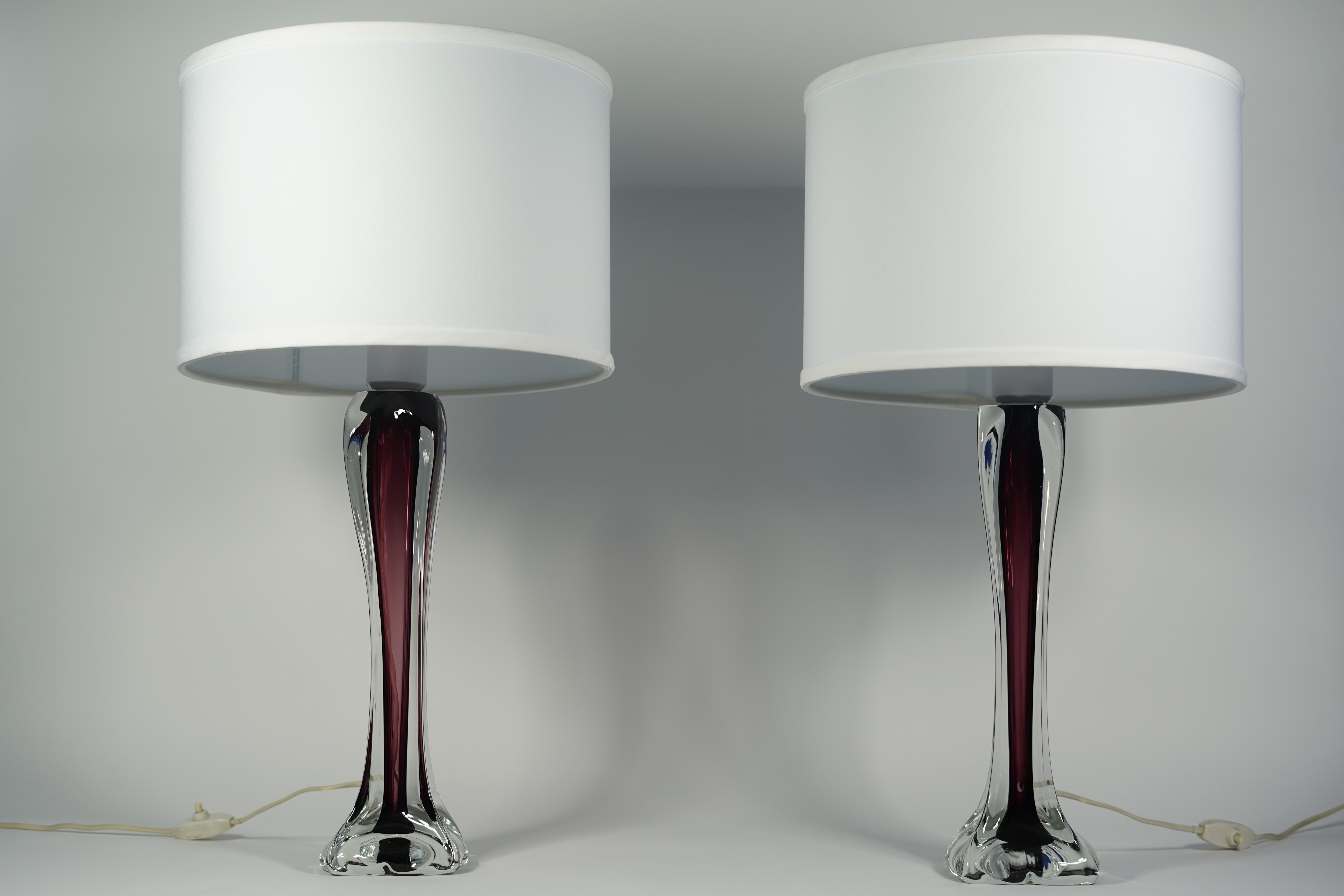Pair of Purple and Clear Glass Lamps by Flygsfors, Sweden, 1970 For Sale 7