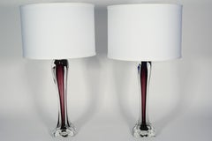 Pair of Purple and Clear Glass Lamps by Flygsfors, Sweden, 1970