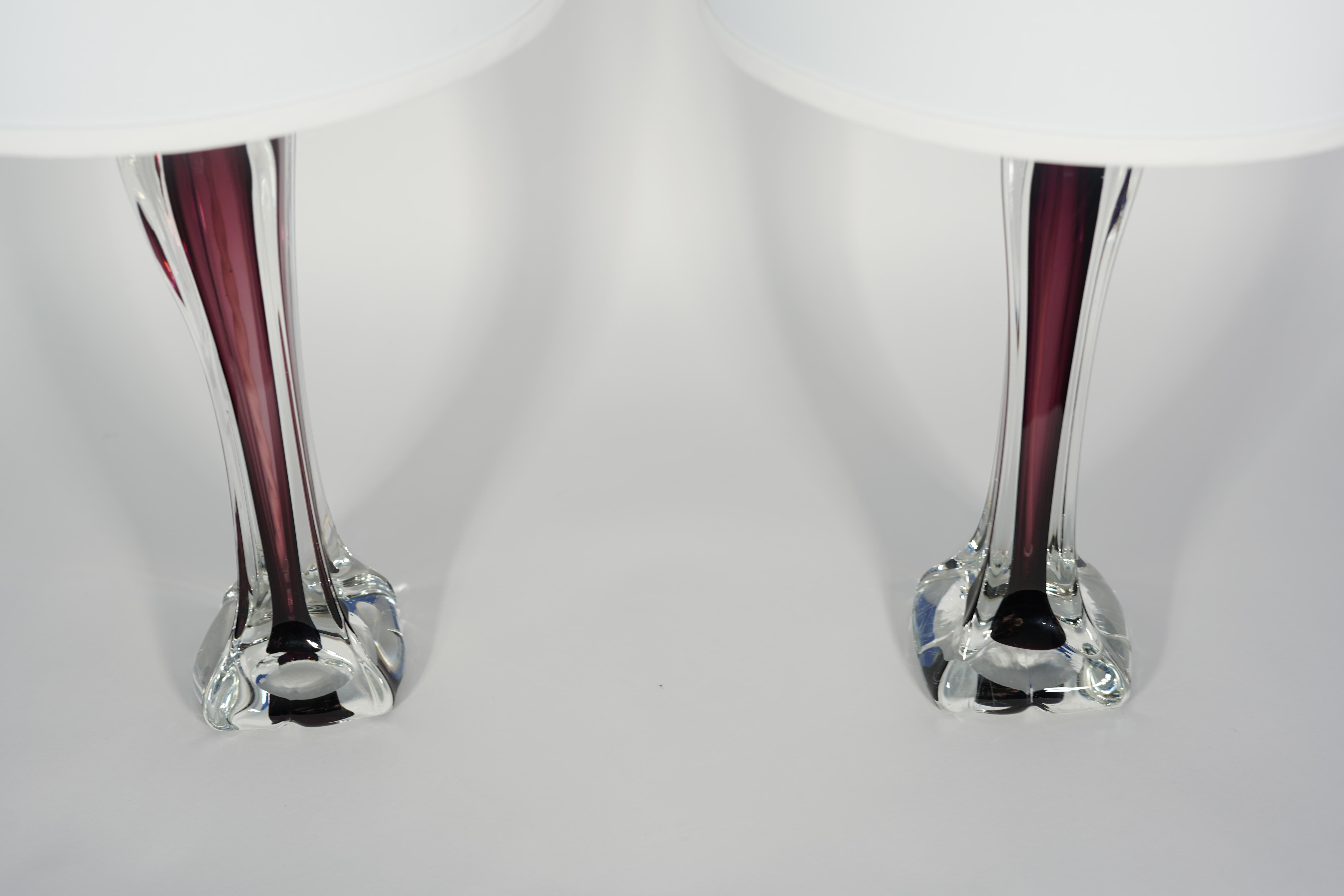 Swedish Pair of Purple and Clear Glass Lamps by Flygsfors, Sweden, 1970 For Sale