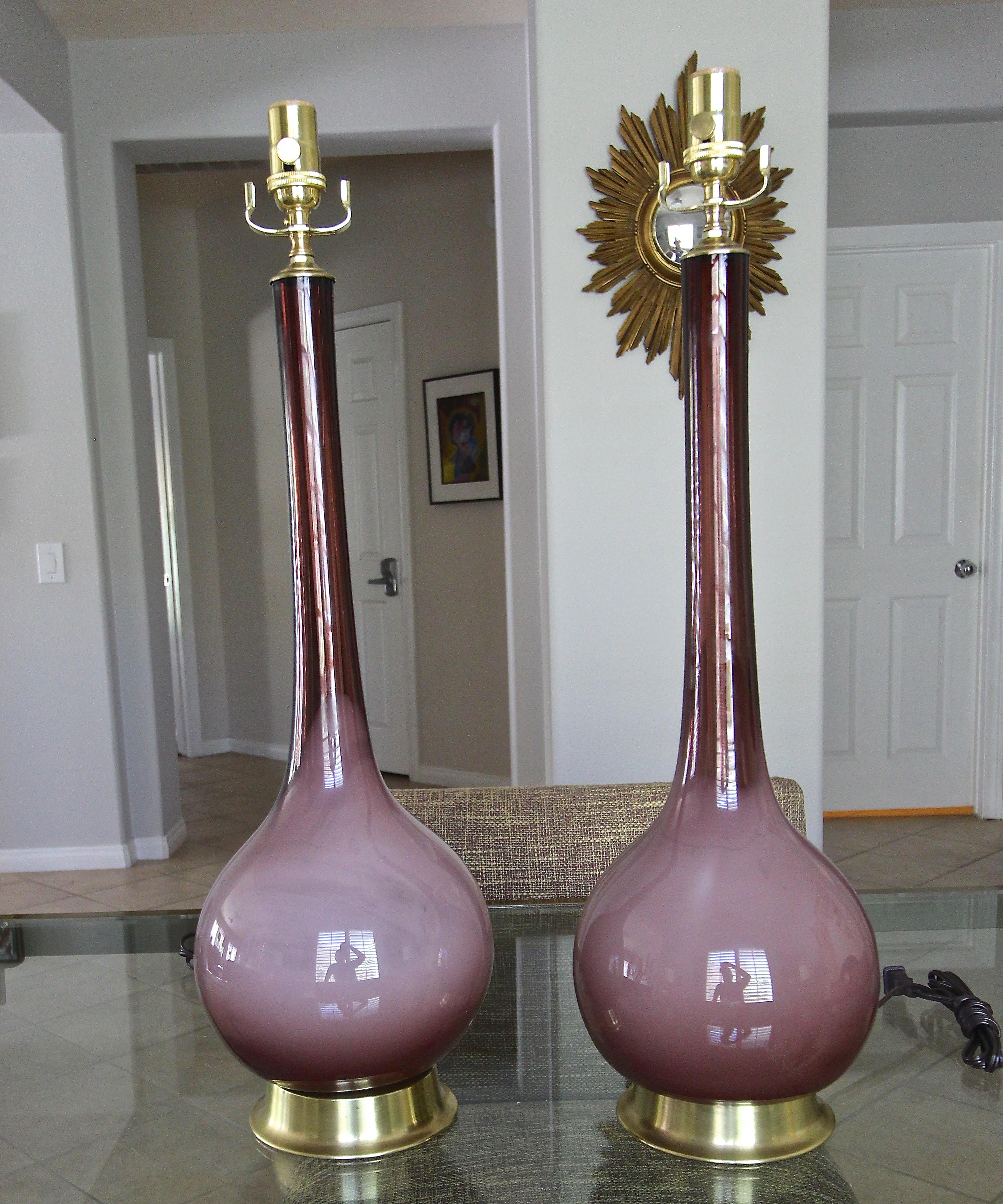 Brass Pair of Purple Cased Murano Glass Lamps