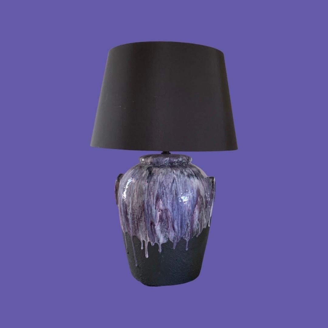 Pair of Purple Drip Modern Ceramic Lamps New Shades For Sale 1