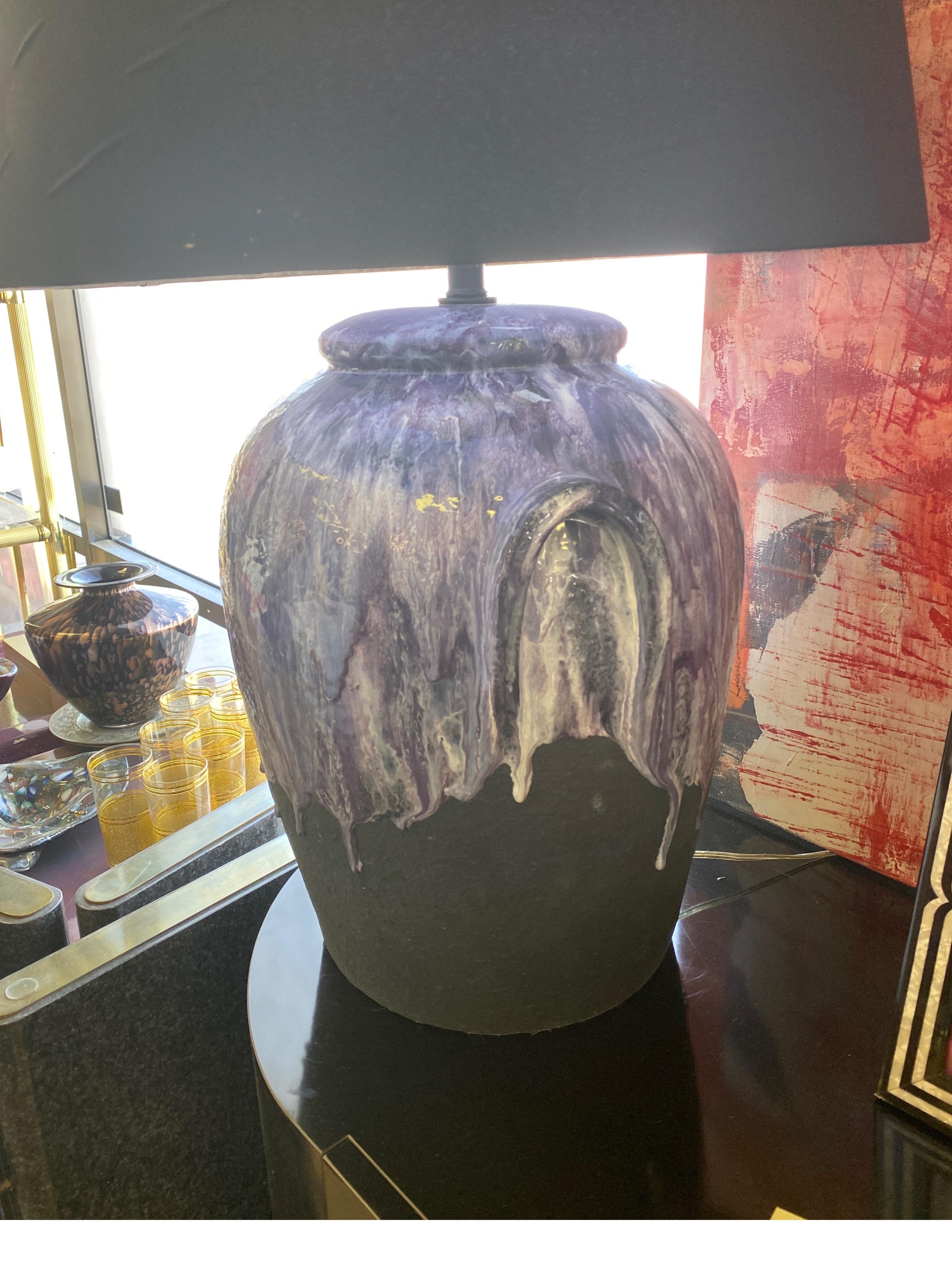Pair of Purple Drip Modern Ceramic Lamps New Shades For Sale 2