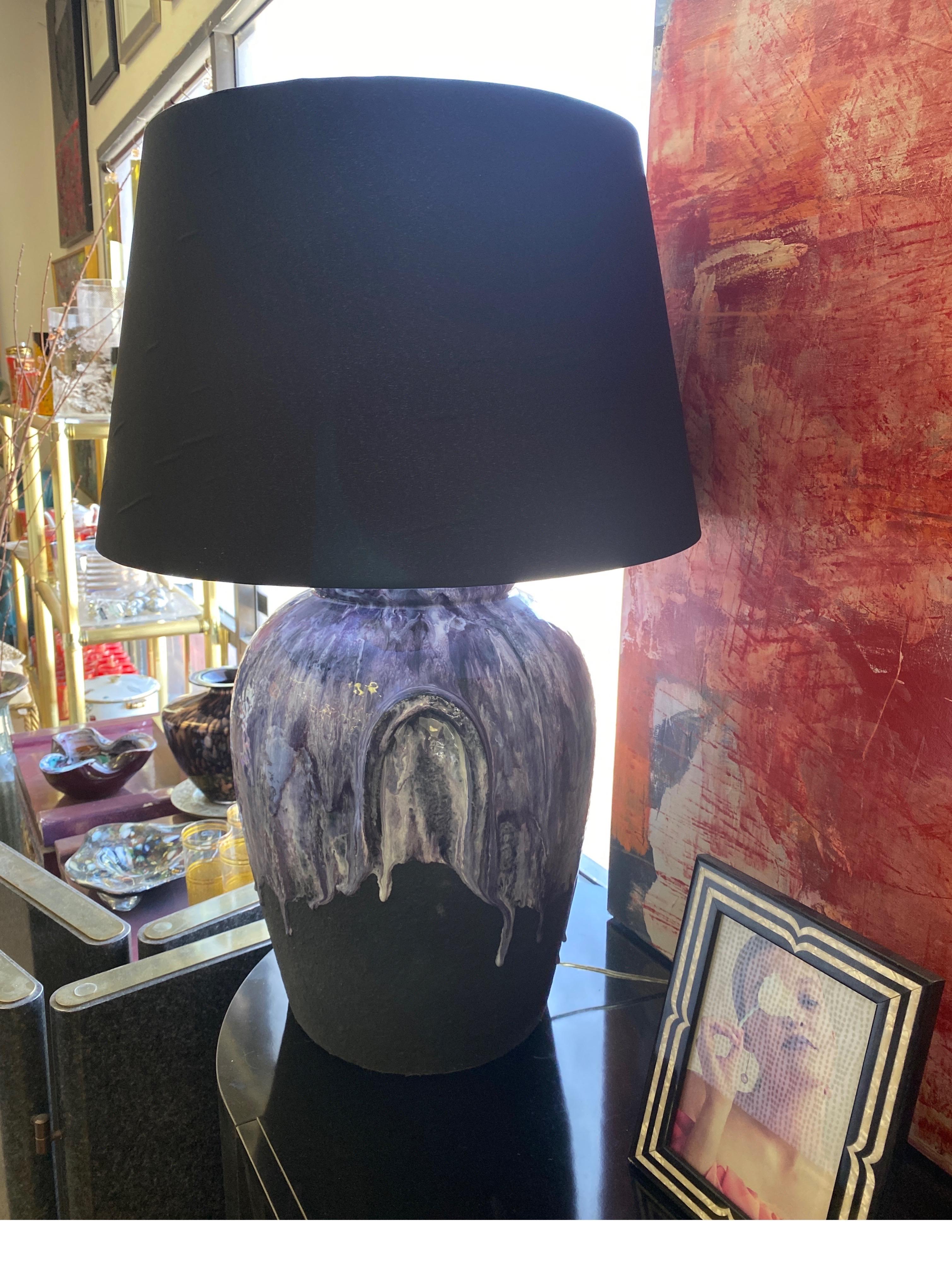 Pair of Purple Drip Modern Ceramic Lamps New Shades For Sale 3