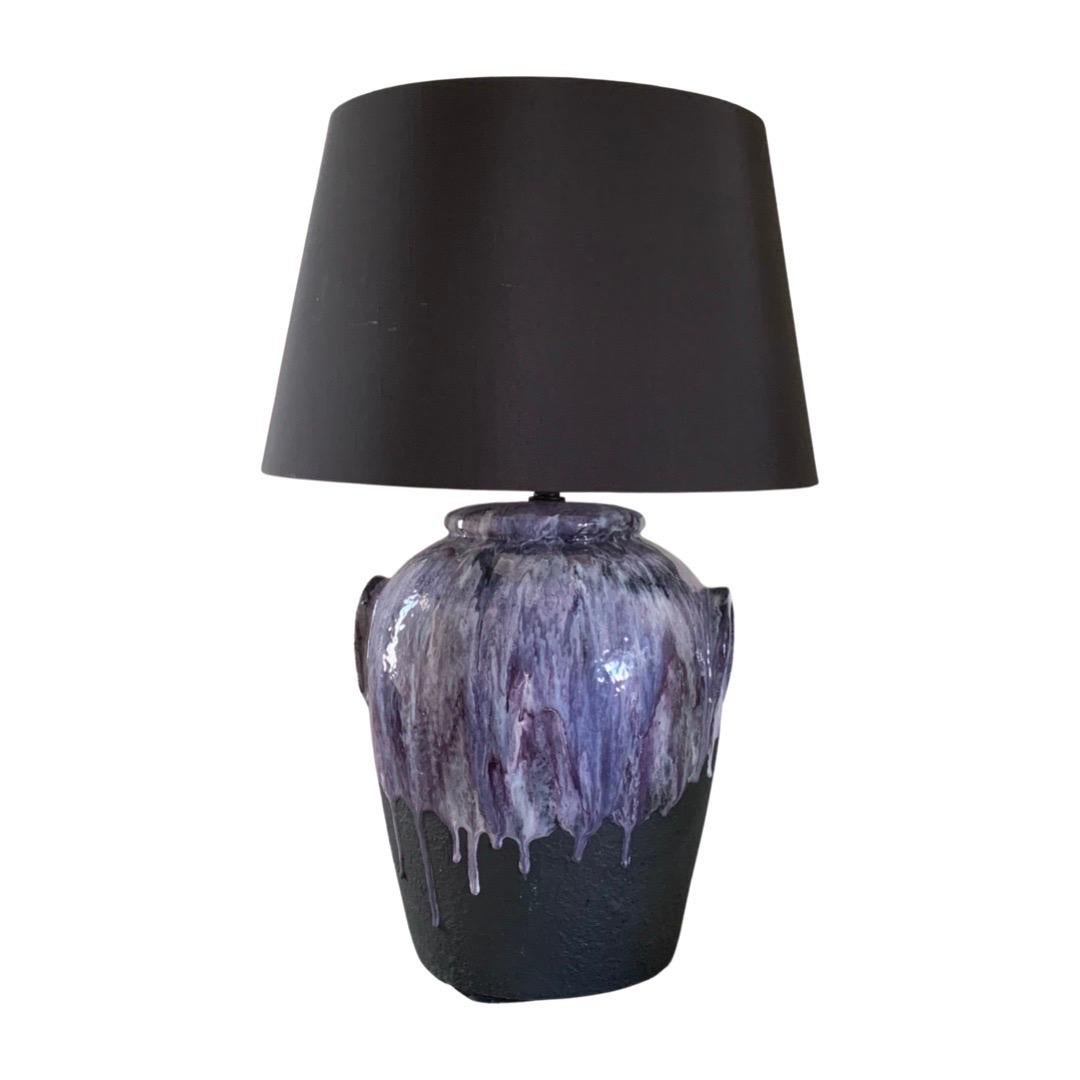 Hand-Crafted Pair of Purple Drip Modern Ceramic Lamps New Shades For Sale