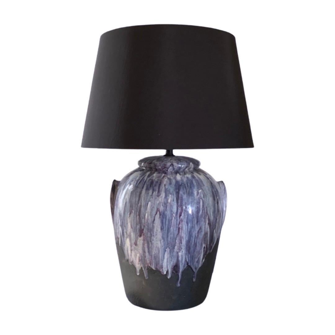 Pair of Purple Drip Modern Ceramic Lamps New Shades In Good Condition For Sale In Palm Springs, CA