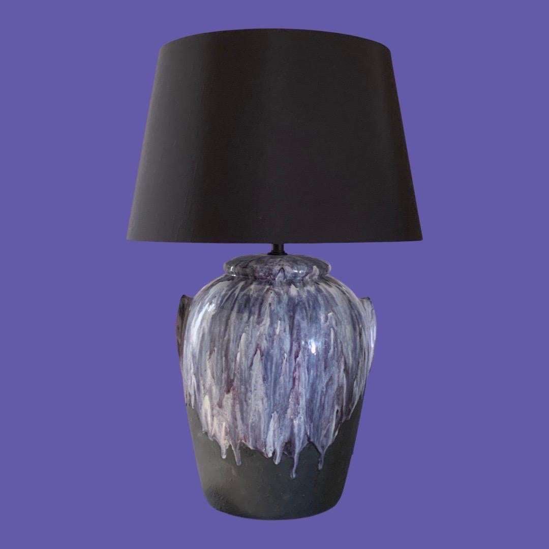 Late 20th Century Pair of Purple Drip Modern Ceramic Lamps New Shades For Sale