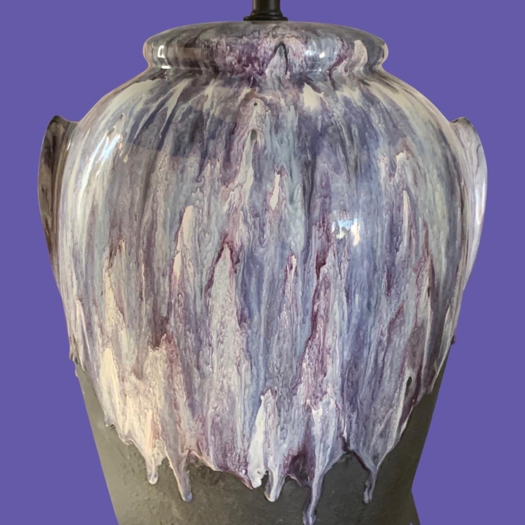 Pottery Pair of Purple Drip Modern Ceramic Lamps New Shades For Sale