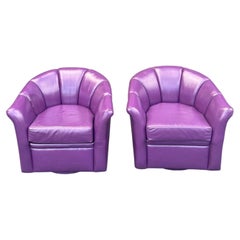 Pair of Purple Leather Swivel Chairs, Post Modern Design, 1980s