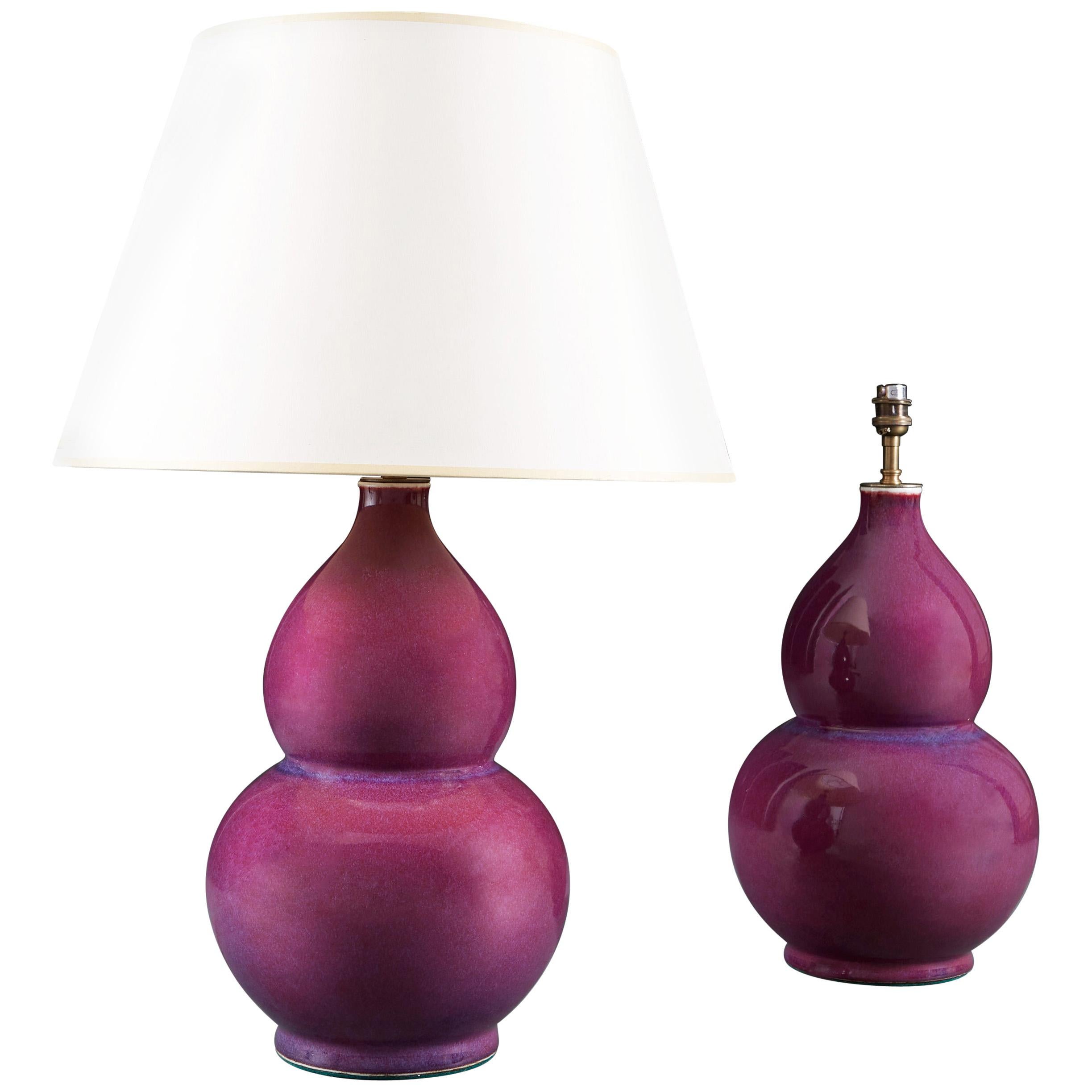 Pair of Purple Monochrome Chinese Double Gourd Table Lamps