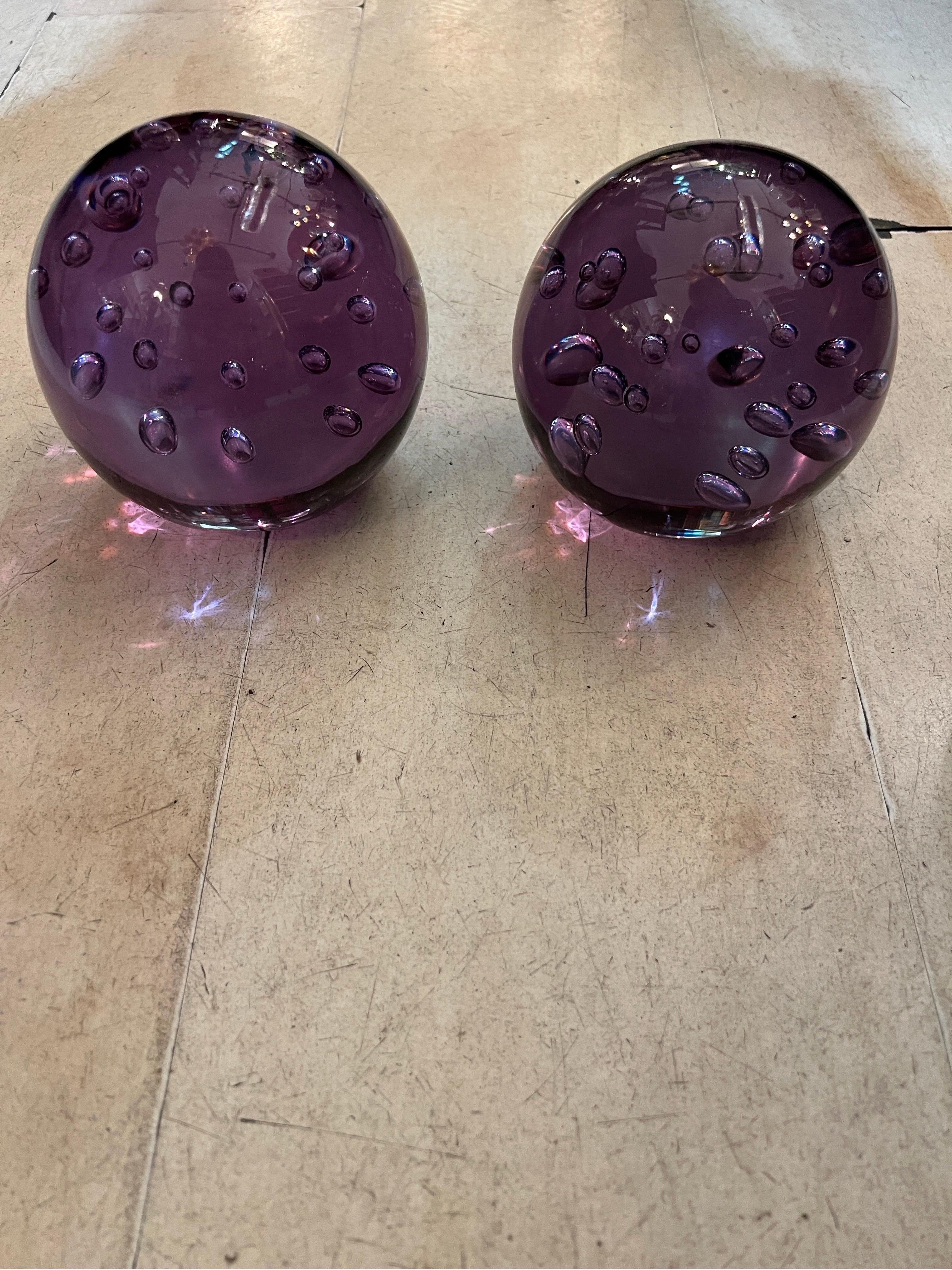 Mid-Century Modern Pair of Purple Murano Glass Paperweights with Air Bubble Included 1960 For Sale