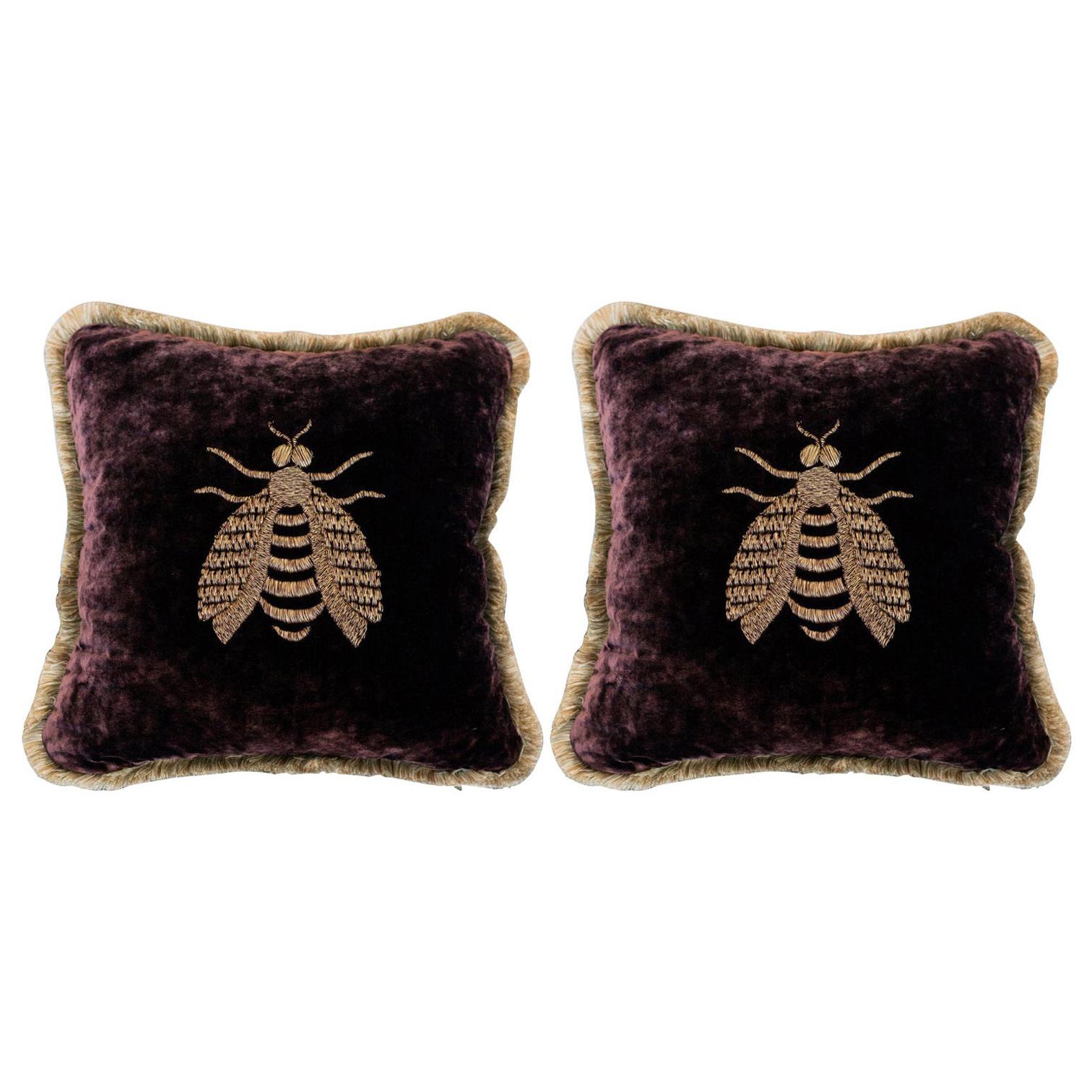 Pair of Purple Velvet Pillows with Large Metallic Embroidered Bees