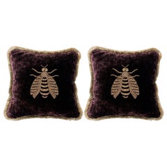 Pair of Purple Velvet Pillows with Large Metallic Embroidered Bees