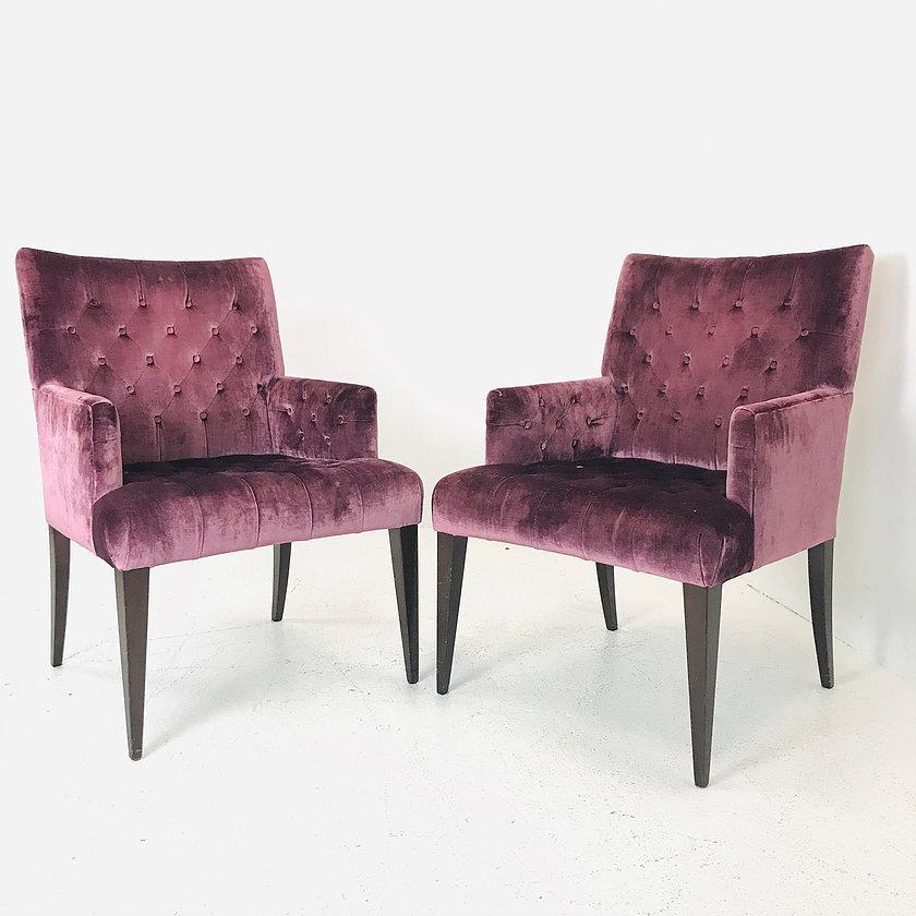 Pair of purple velvet tufted armchairs. Chairs are in good condition. Perfect addition to any room.

Dimensions:
26 W x 24 D x 37 T
Seat height 18.