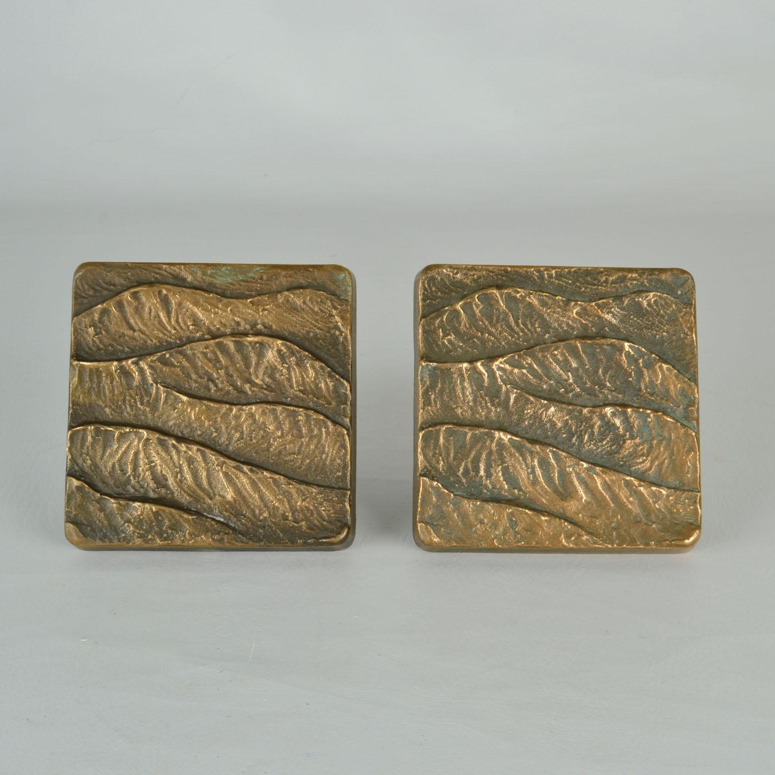 Mid-Century Modern Architectural Pair of Push Pull Door Handles in Bronze Relief of Waves For Sale