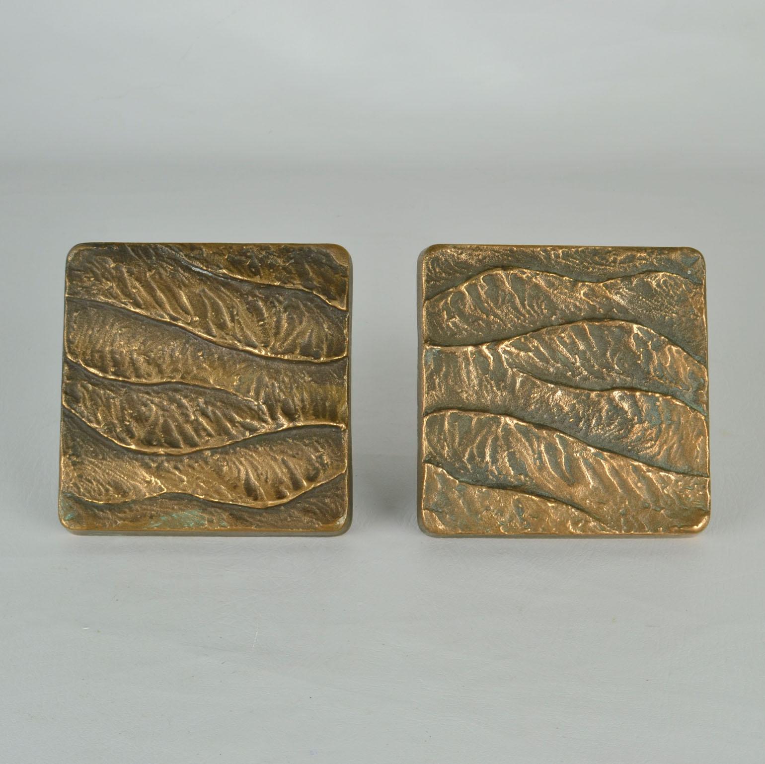European Architectural Pair of Push Pull Door Handles in Bronze Relief of Waves For Sale