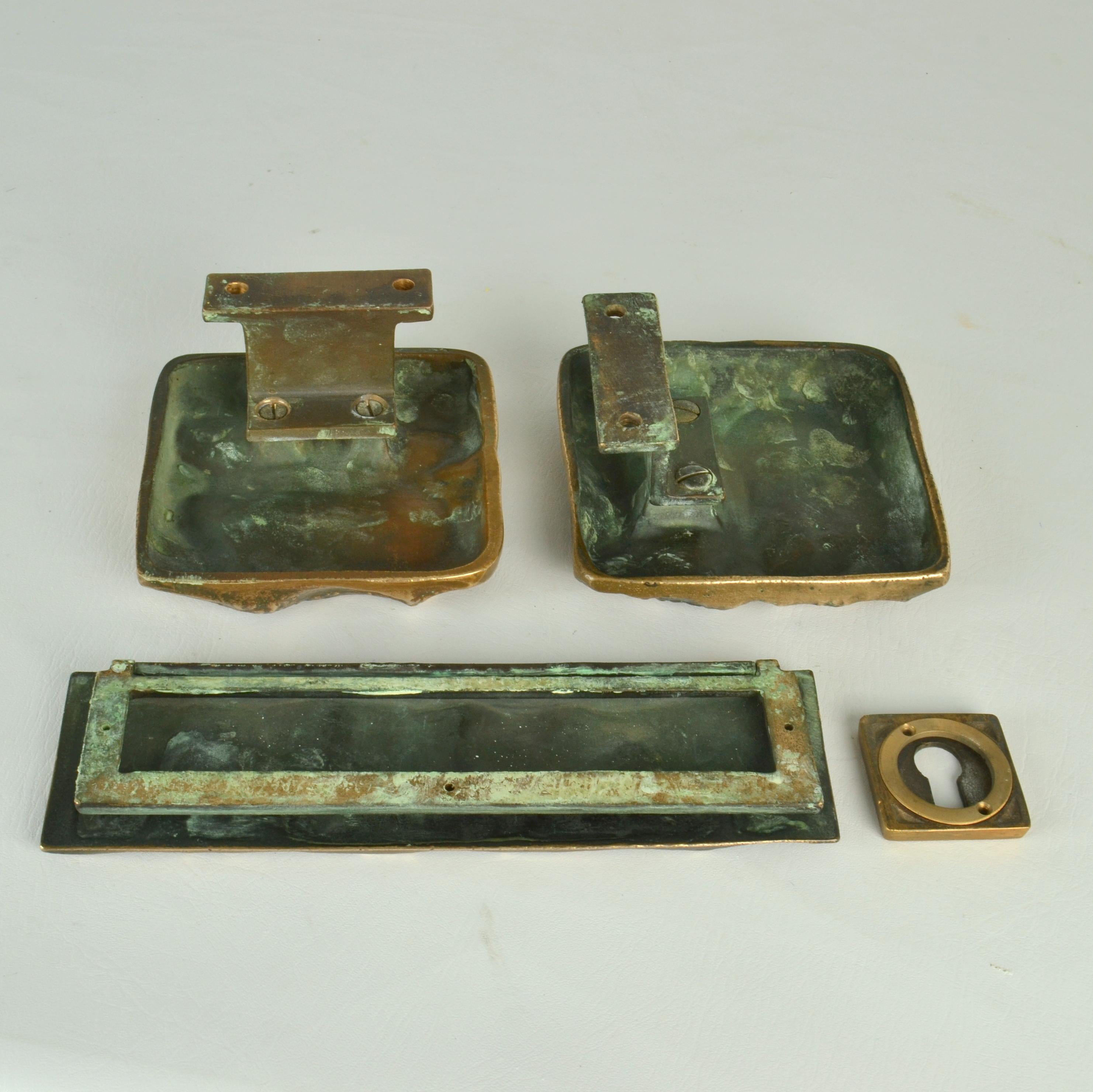 Late 20th Century Architectural Pair Push Pull Door Handles, Letterbox and Key Fixtures in Bronze For Sale