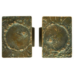 Architectural Pair of Push Pull Relief Door Handles Rectangular in Bronze